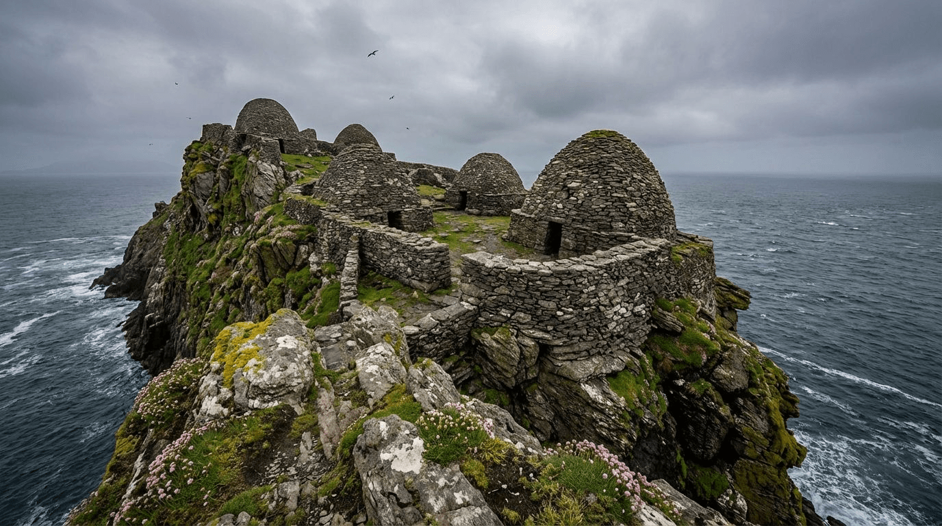 Ancient stone monastery ruins on Skellig Michael island, beehive huts and stone walls