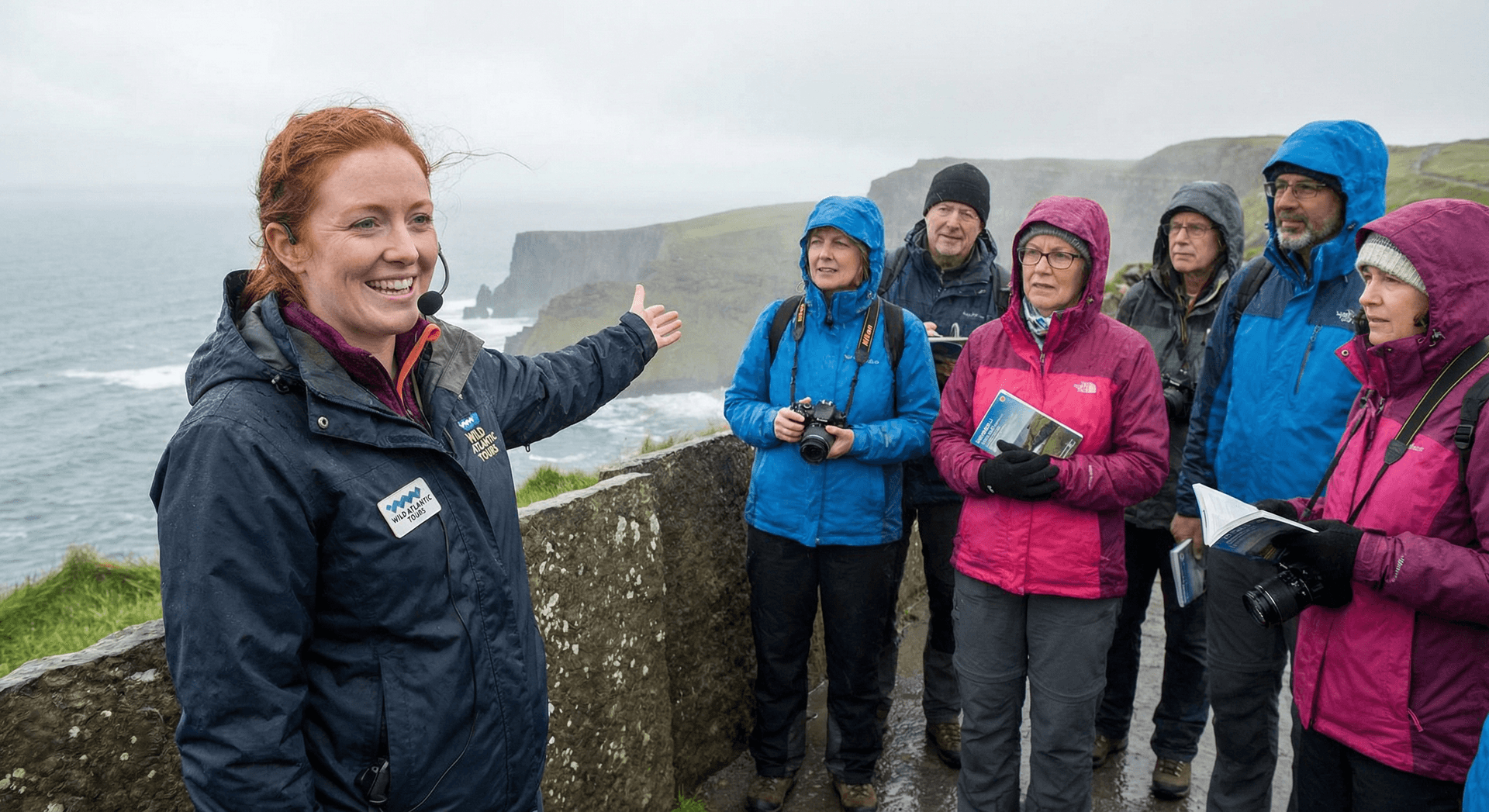 Female tour guide explaining history to group at scenic coastal viewpoint