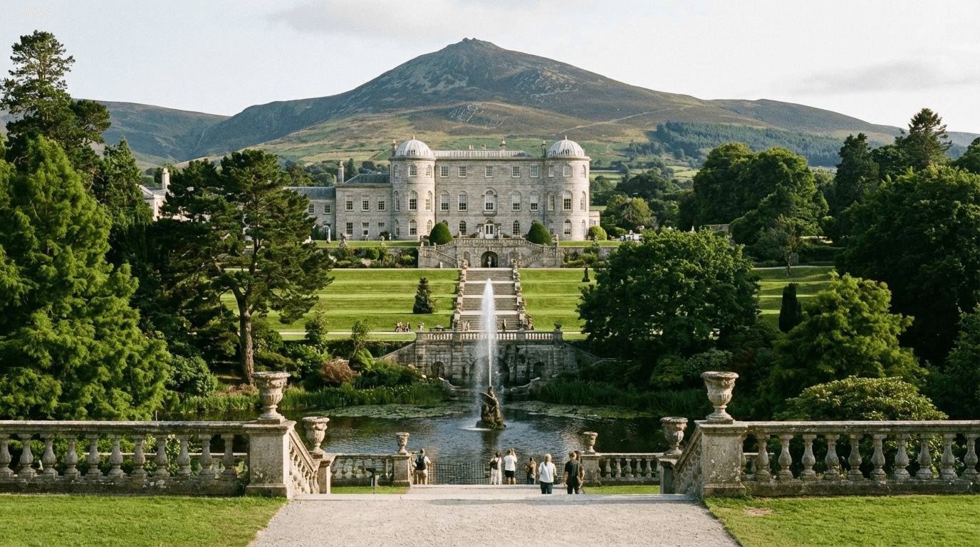 Powerscourt House terrace with formal Italian gardens, cascading fountains, and mountain backdrop