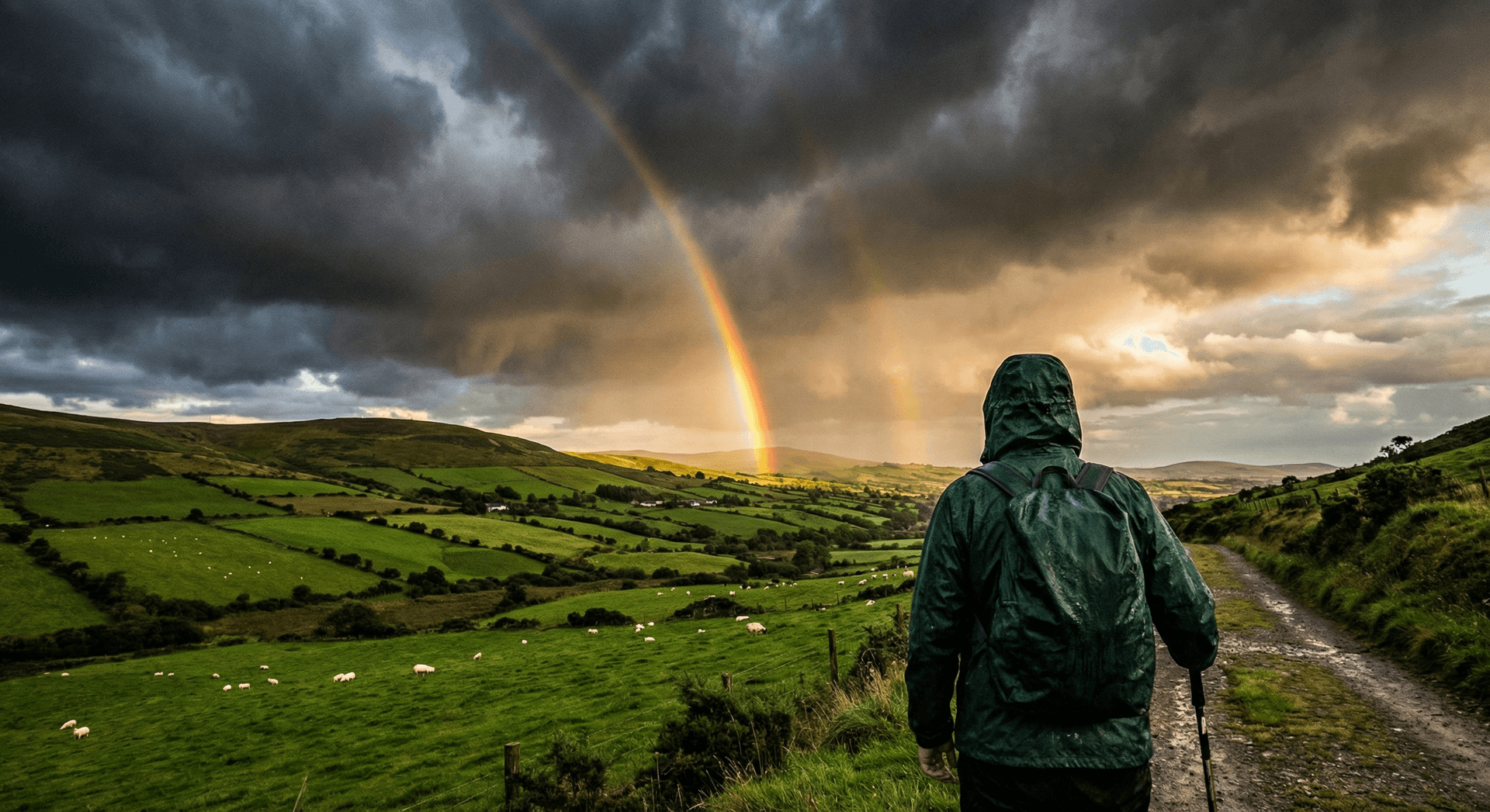 Irish weather with rainbow over green hills
