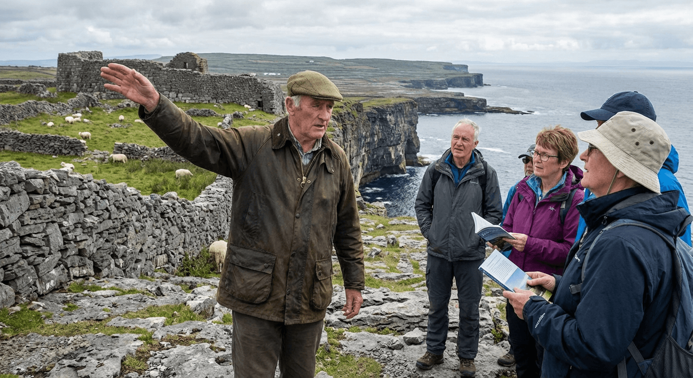 Walking guide explaining archaeological features to visitors on Inis Mor