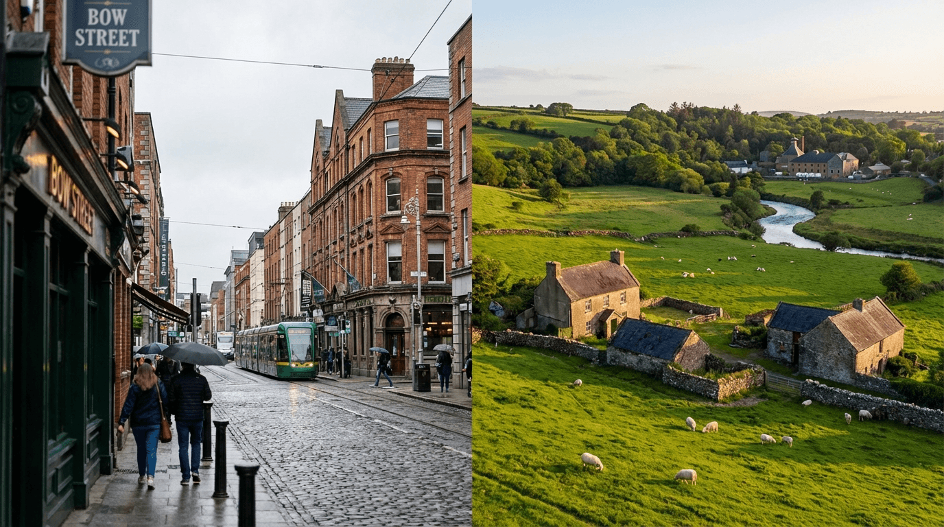 Comparison showing Dublin cityscape versus rural County Cork countryside, highlighting different settings for Bow Street and Midleton experiences