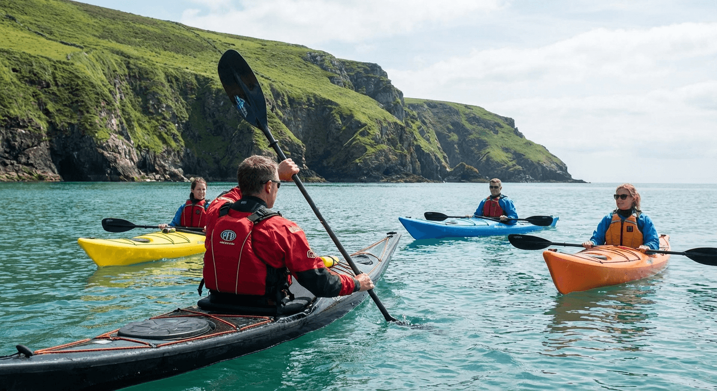 Kayaking tour guide instructing group on Irish coastal waters