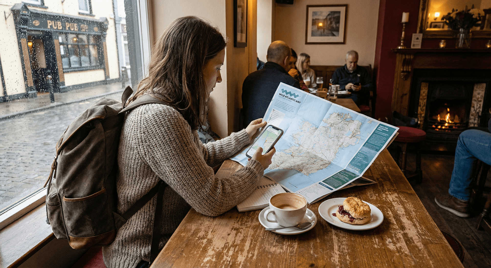 Solo traveler using smartphone and paper map at Irish café planning journey