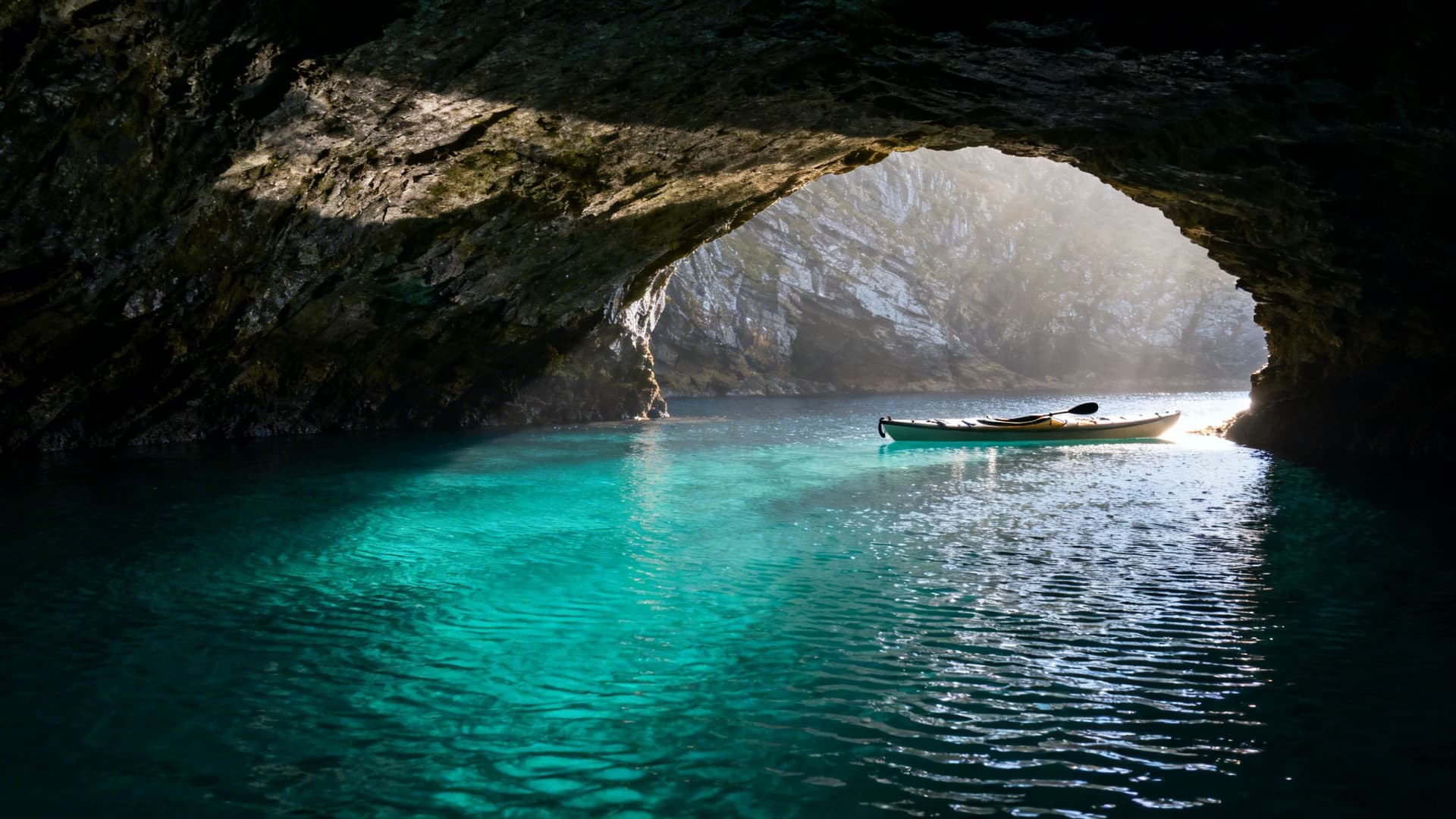 The interior of a sea cave on the Dingle Peninsula, sunlight filtering through the opening in the rock to illuminate turquoise water, a sea kayak at the edge of the light, the cave ceiling arching overhead