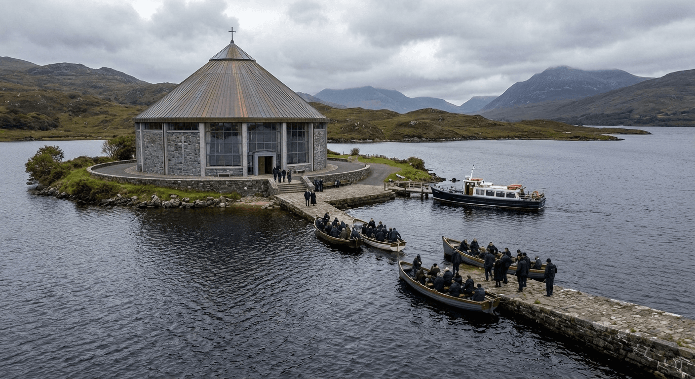 The basilica at Lough Derg with pilgrims arriving by boat