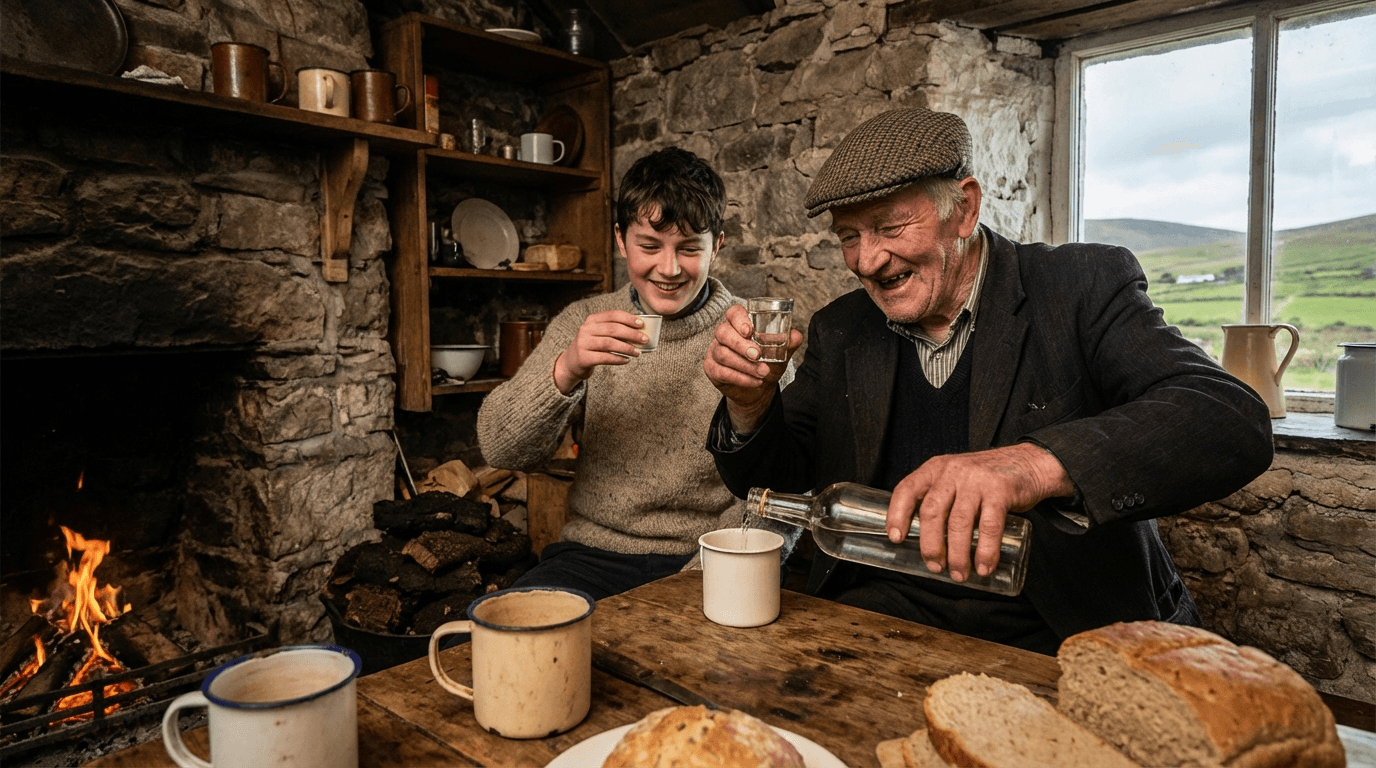 Elderly Irish farmer sharing poitín with visitor in rural cottage setting, traditional hospitality scene