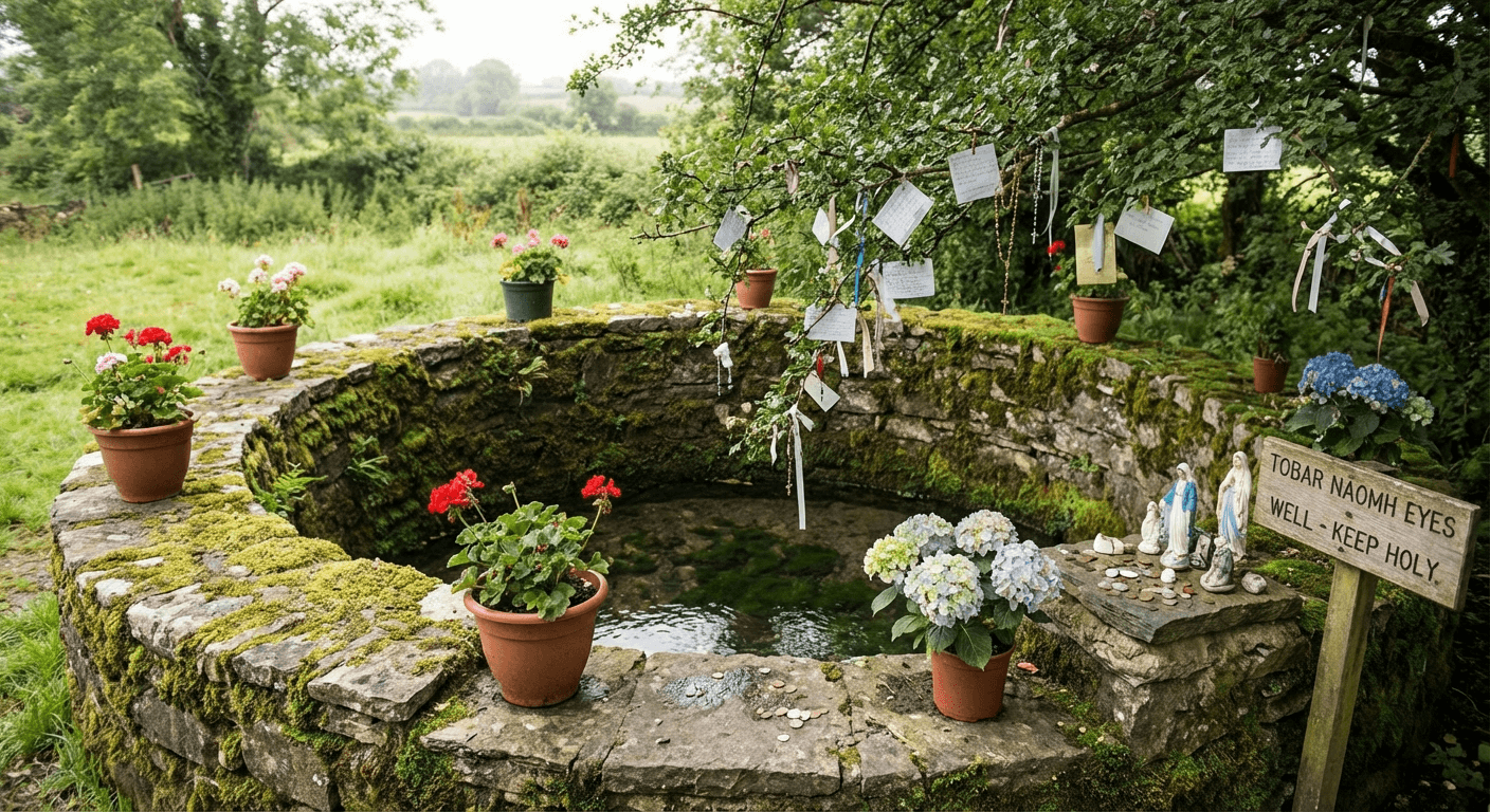A beautifully maintained holy well site with stone enclosure and fresh flowers