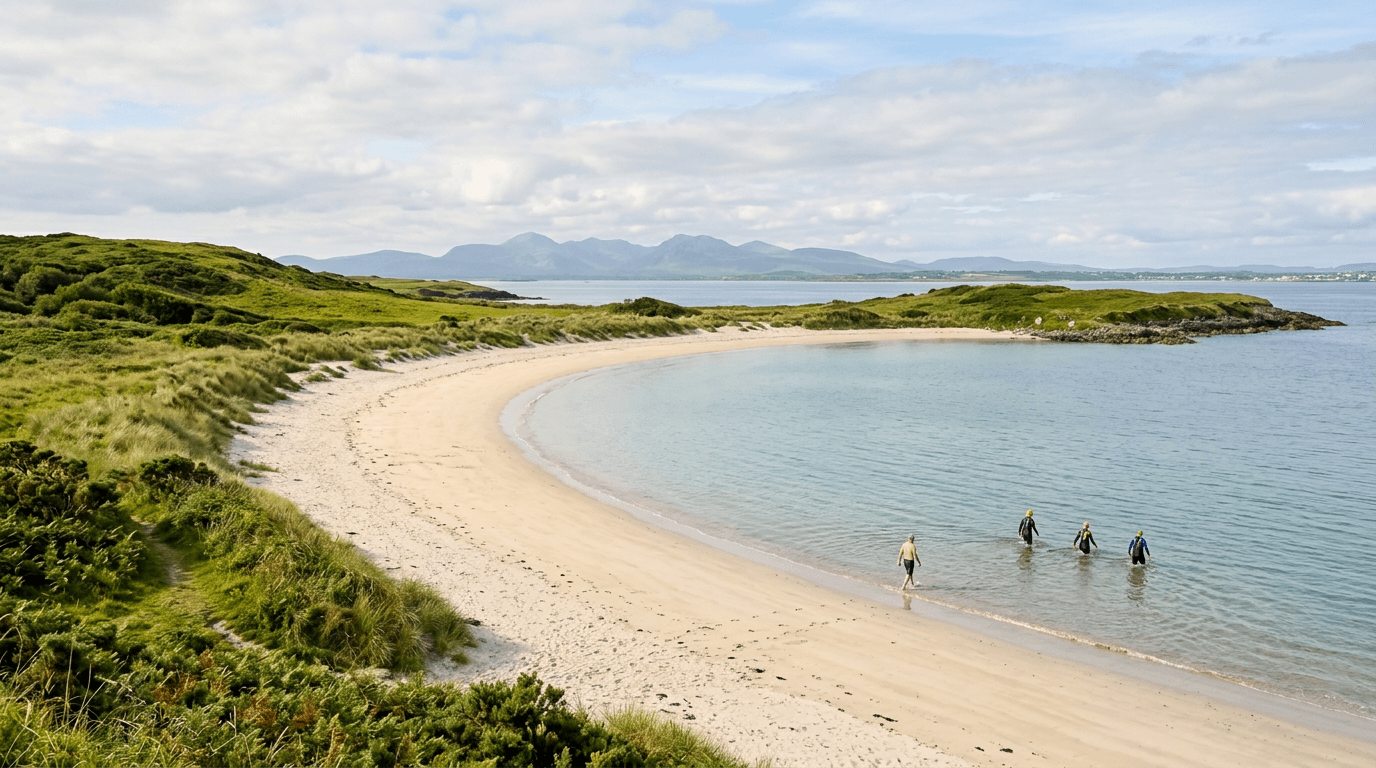 The sheltered, sandy waters of Silverstrand beach near Barna, County Galway.