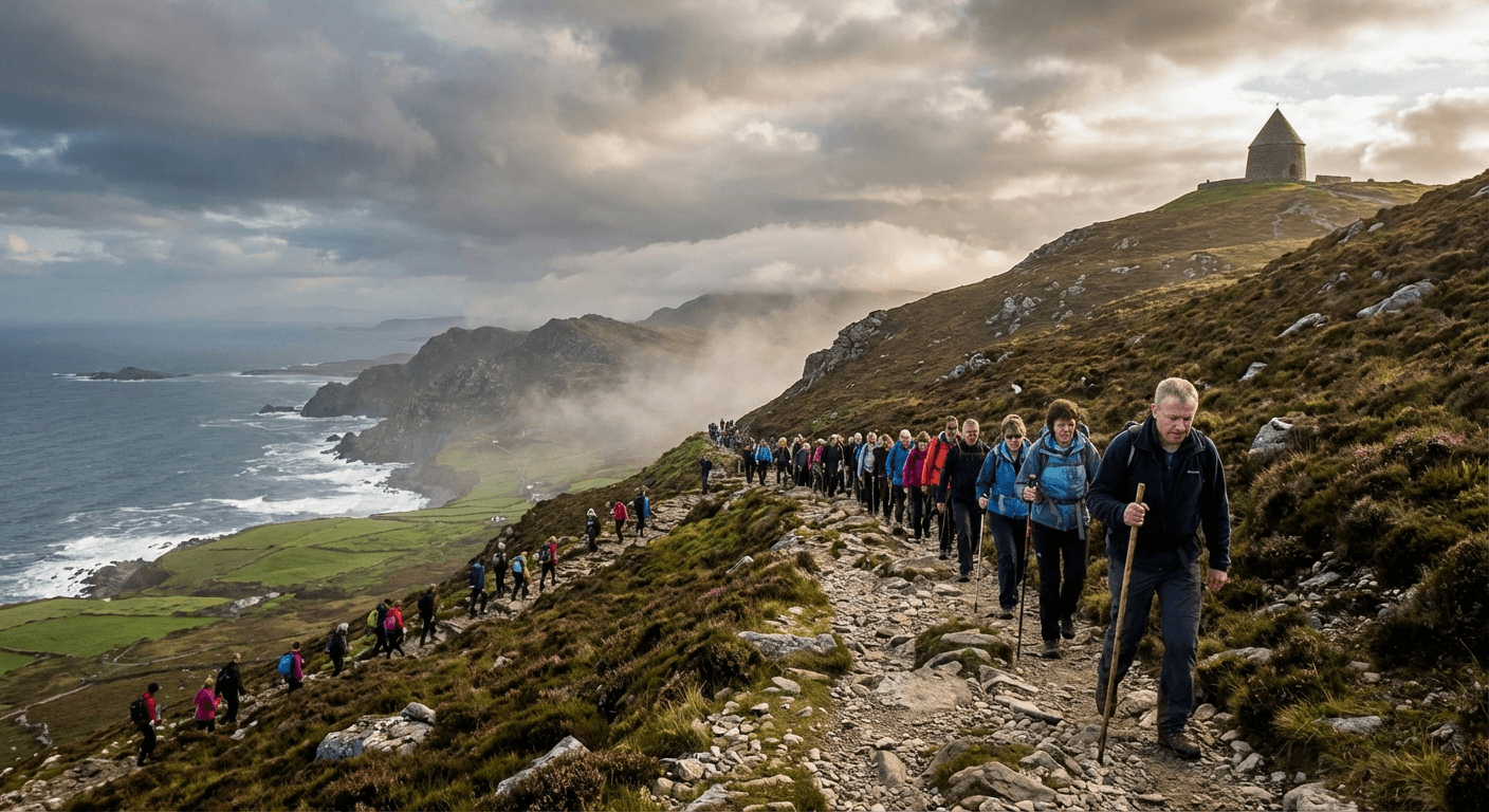Pilgrims climbing Croagh Patrick with Atlantic coastline below