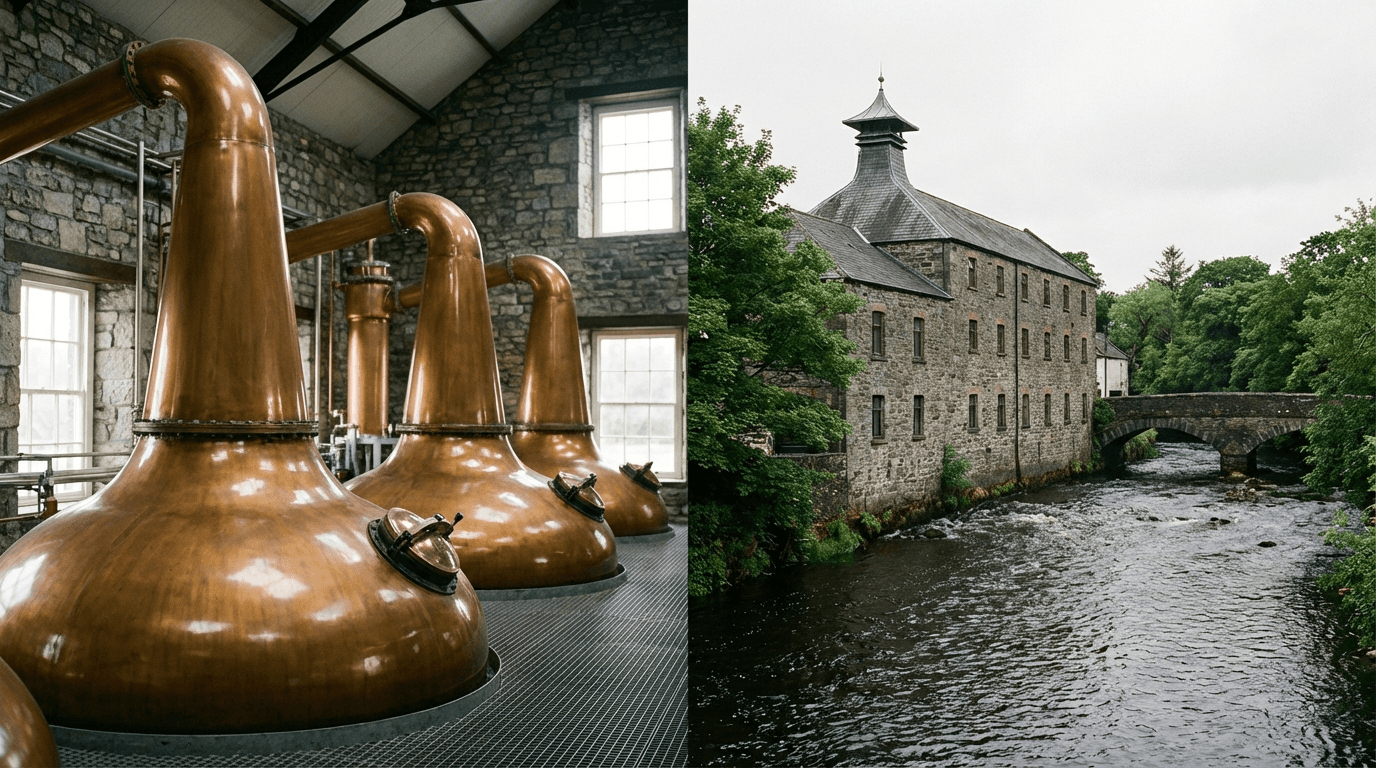 Copper pot stills at Midleton distillery, plus exterior of historic Bushmills Distillery with River Bush