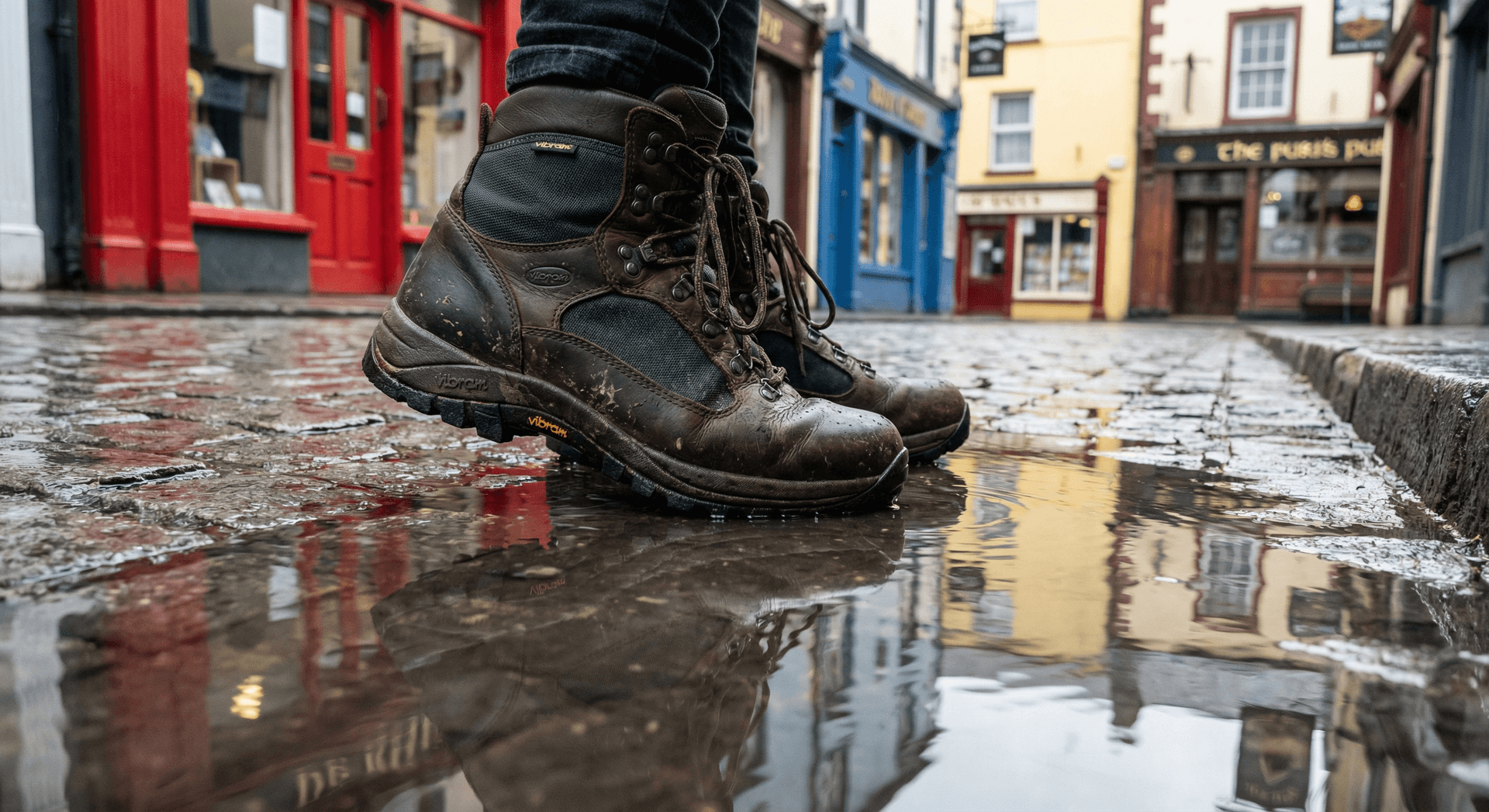 Waterproof hiking boots on wet cobblestone street