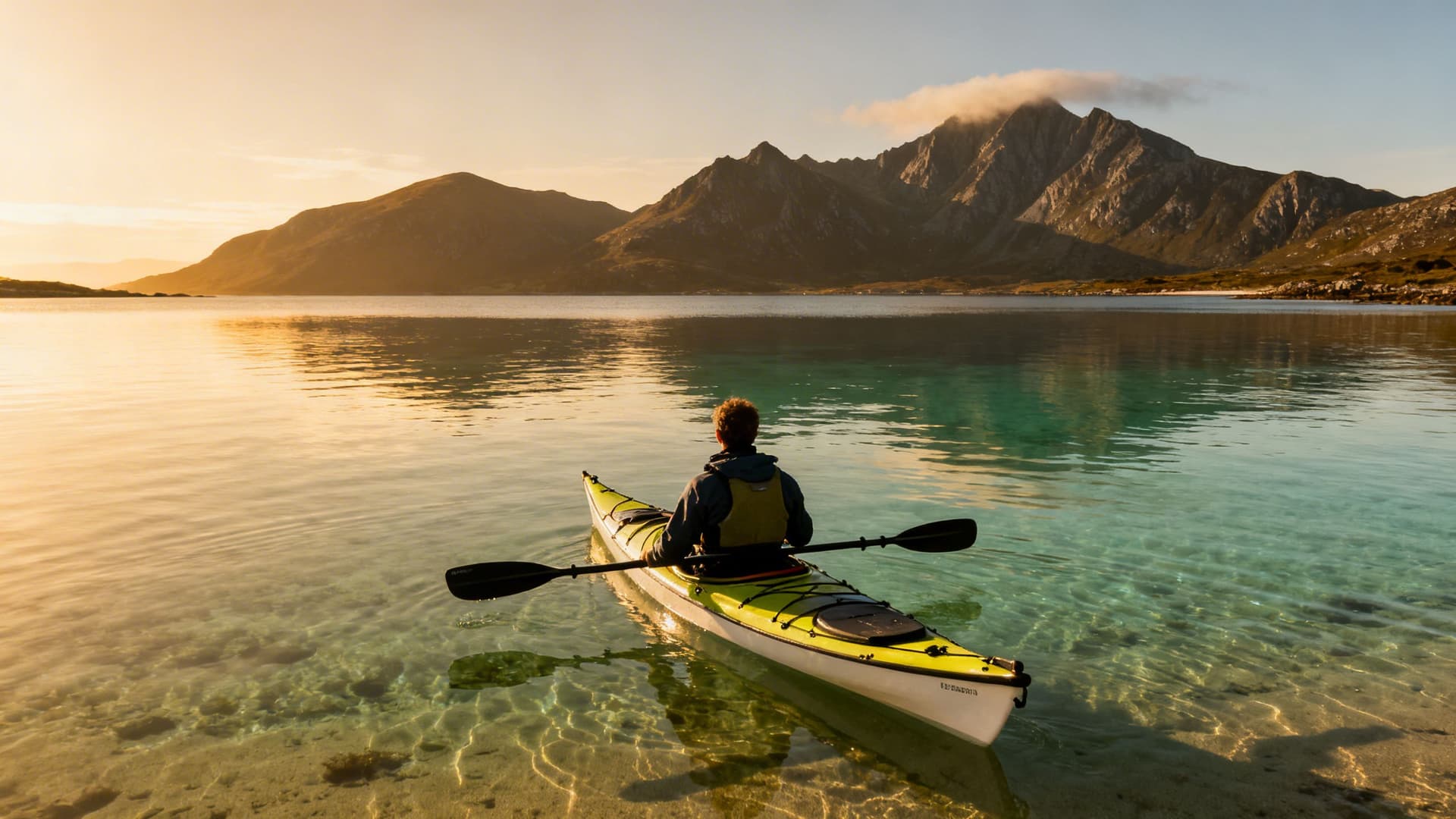 Sea kayaker on still water with the Twelve Bens mountains visible in the background under golden morning light
