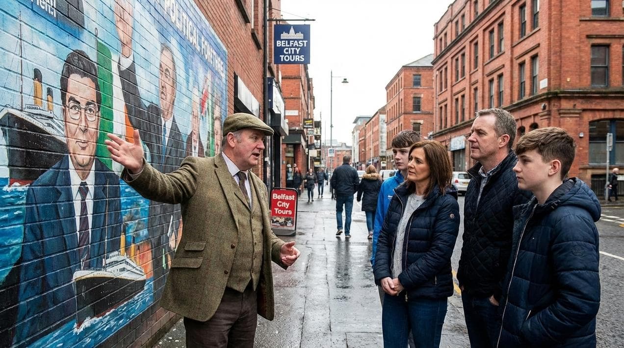 A local specialist guide bringing history to life for a family on a walking tour.