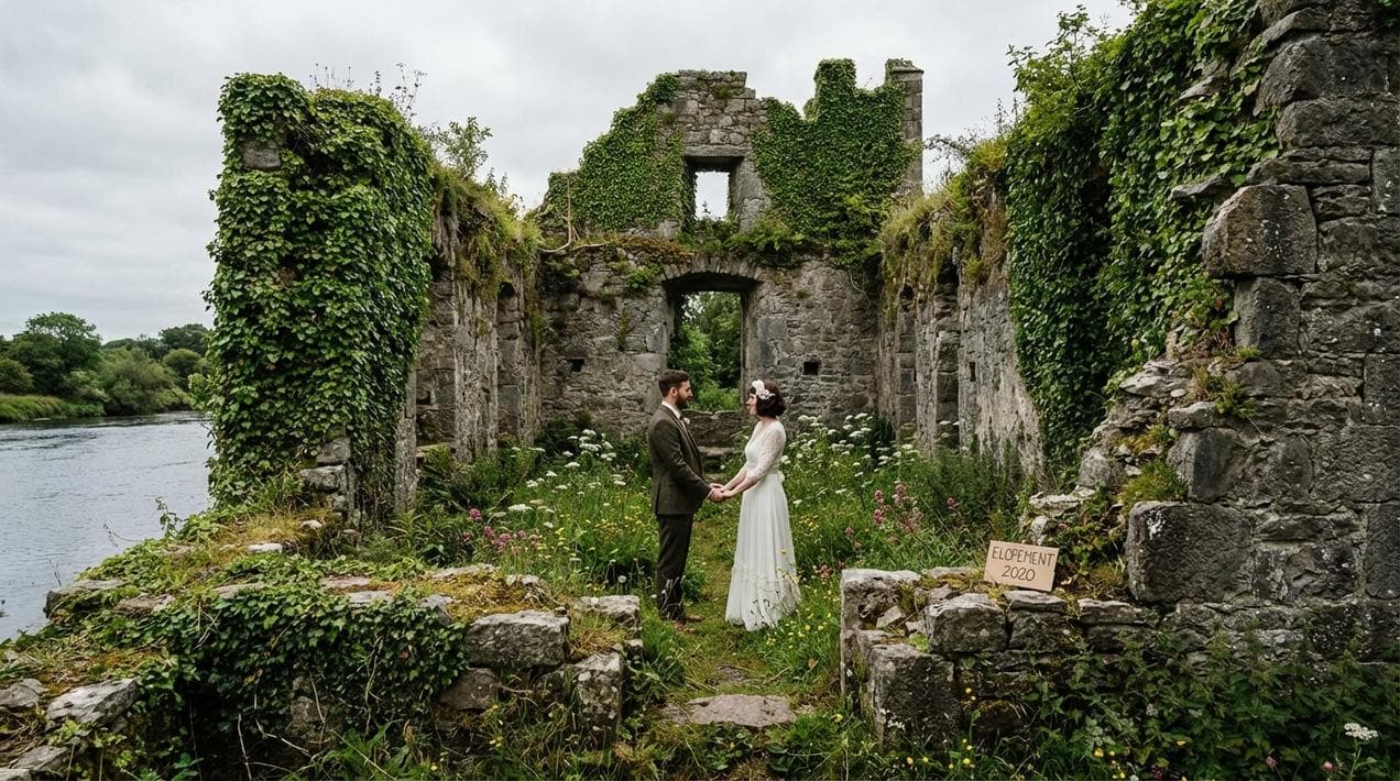 Romantic elopement ceremony inside the ruins of Menlo Castle, Galway.