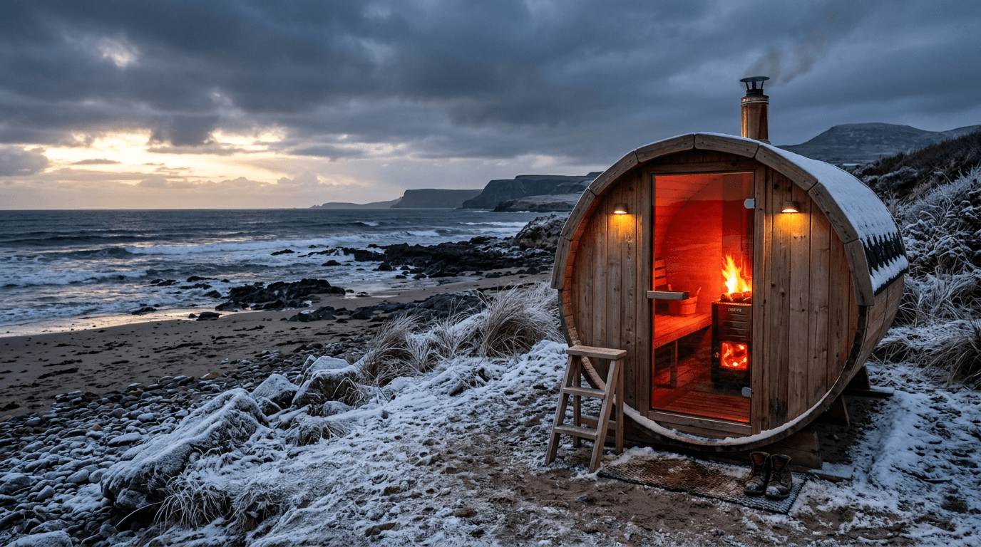 A warm, glowing wood-fired sauna offering contrast therapy on a freezing winter beach in Ireland.