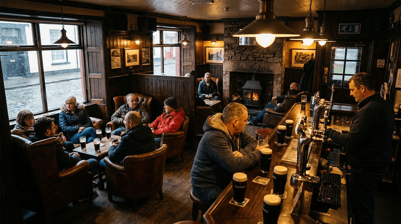 Interior of a traditional Irish pub with wooden bar, low lighting, pints of stout, and cozy seating