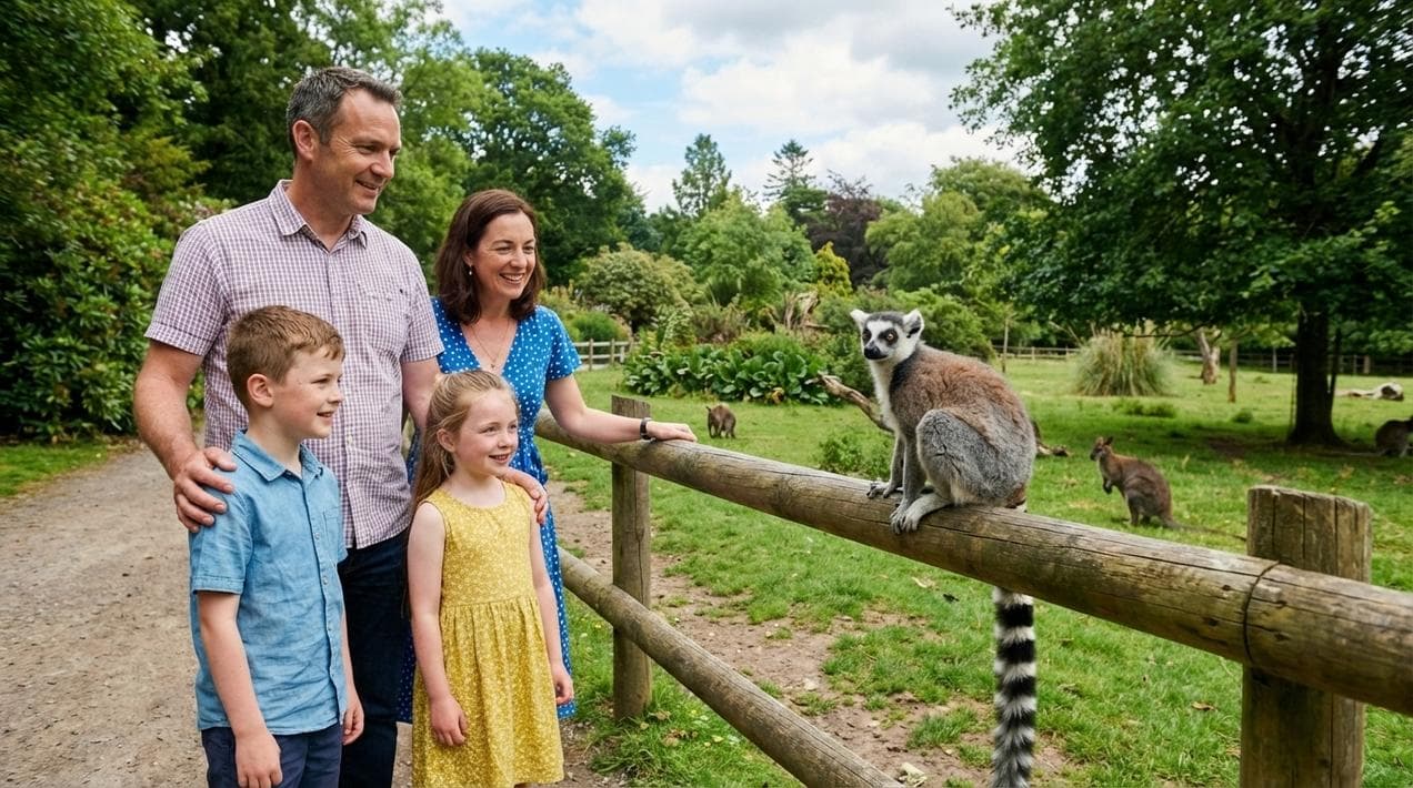Kids watching free-roaming lemurs at Fota Wildlife Park, Cork.