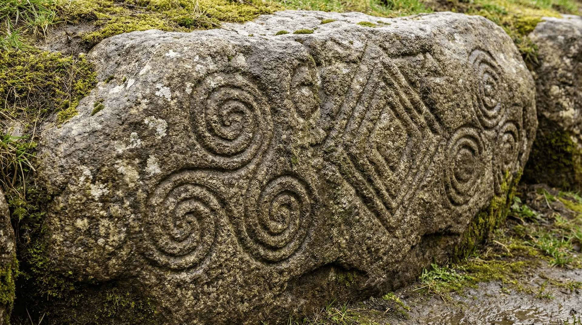 Megalithic spiral carvings on a kerbstone at Knowth passage tomb in the Boyne Valley