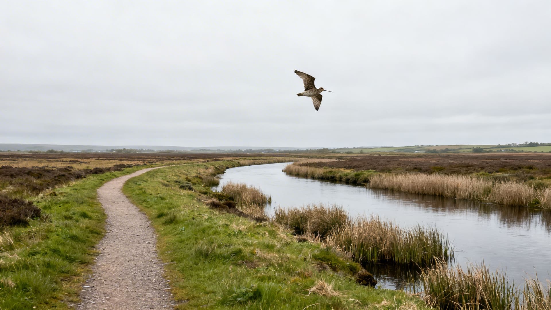 Flat bogland landscape and walking trail alongside the River Suck in County Roscommon under a wide sky