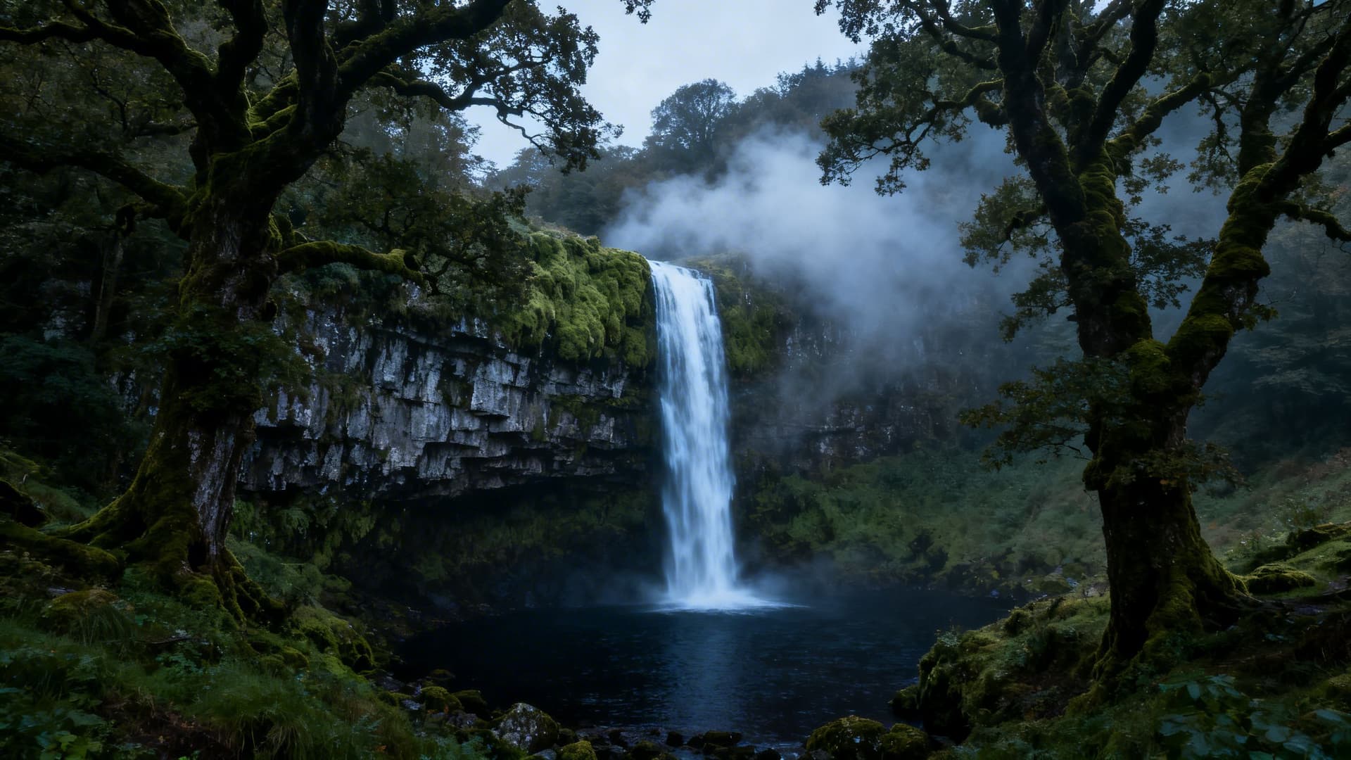 Glencar Waterfall dropping fifteen metres over a limestone ledge into a dark plunge pool with spray drifting across the valley in County Leitrim