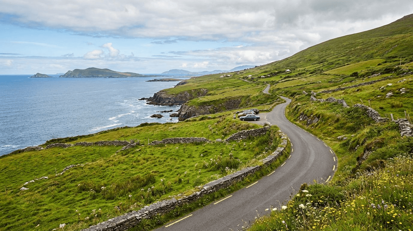 Narrow road through the Ring of Kerry with scenic coastal views