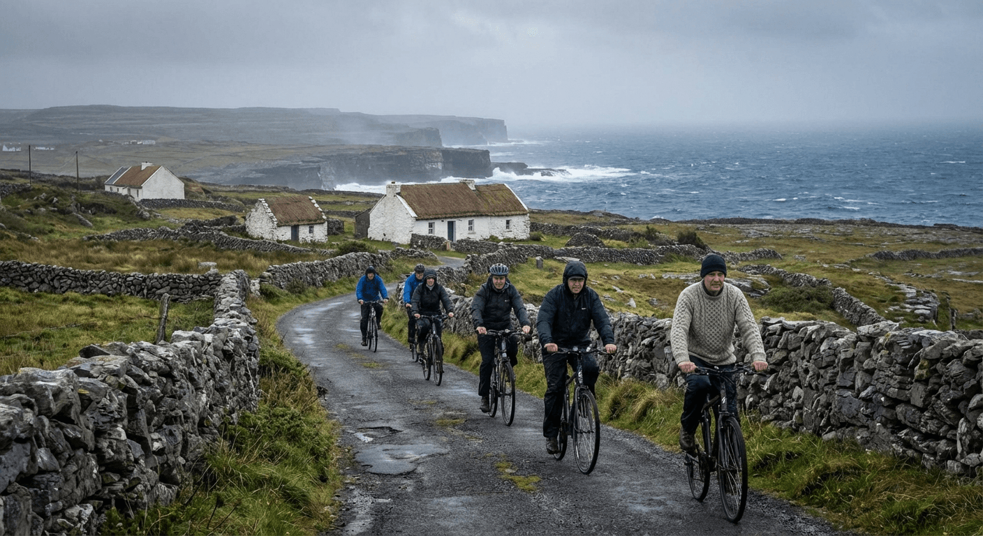 Visitors cycling on Inis Mor between traditional stone walls