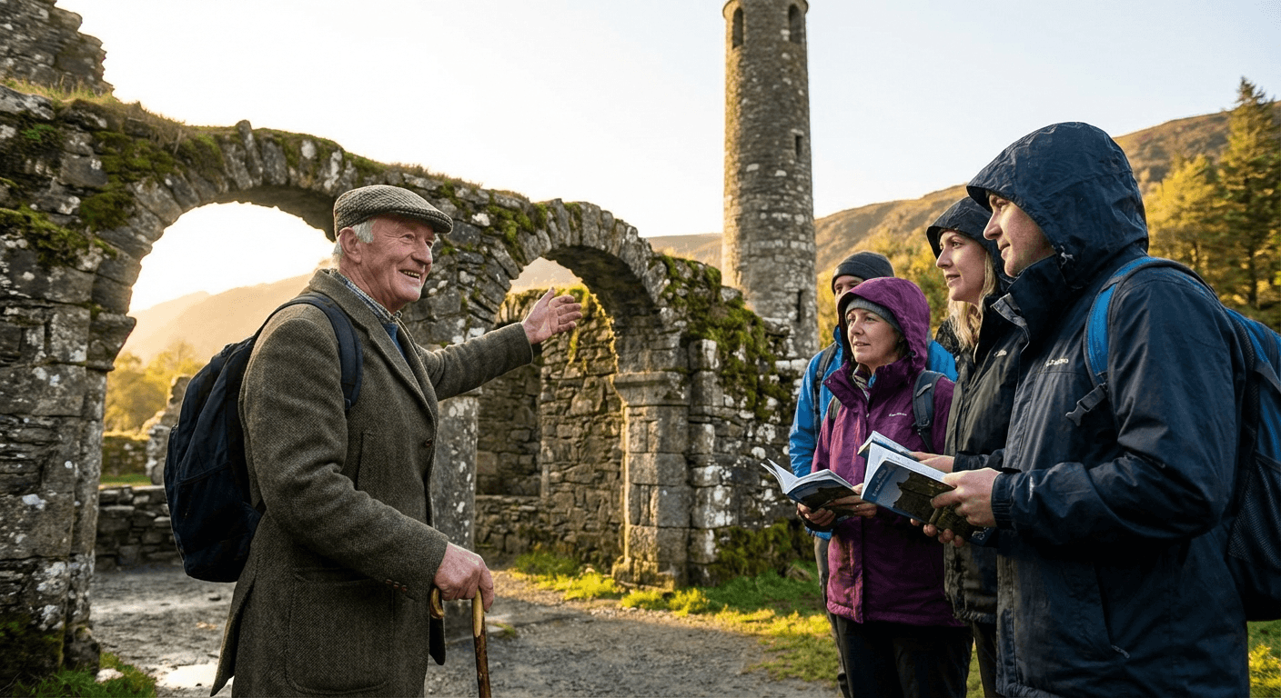 Knowledgeable Irish guide explaining sacred site history to visitors