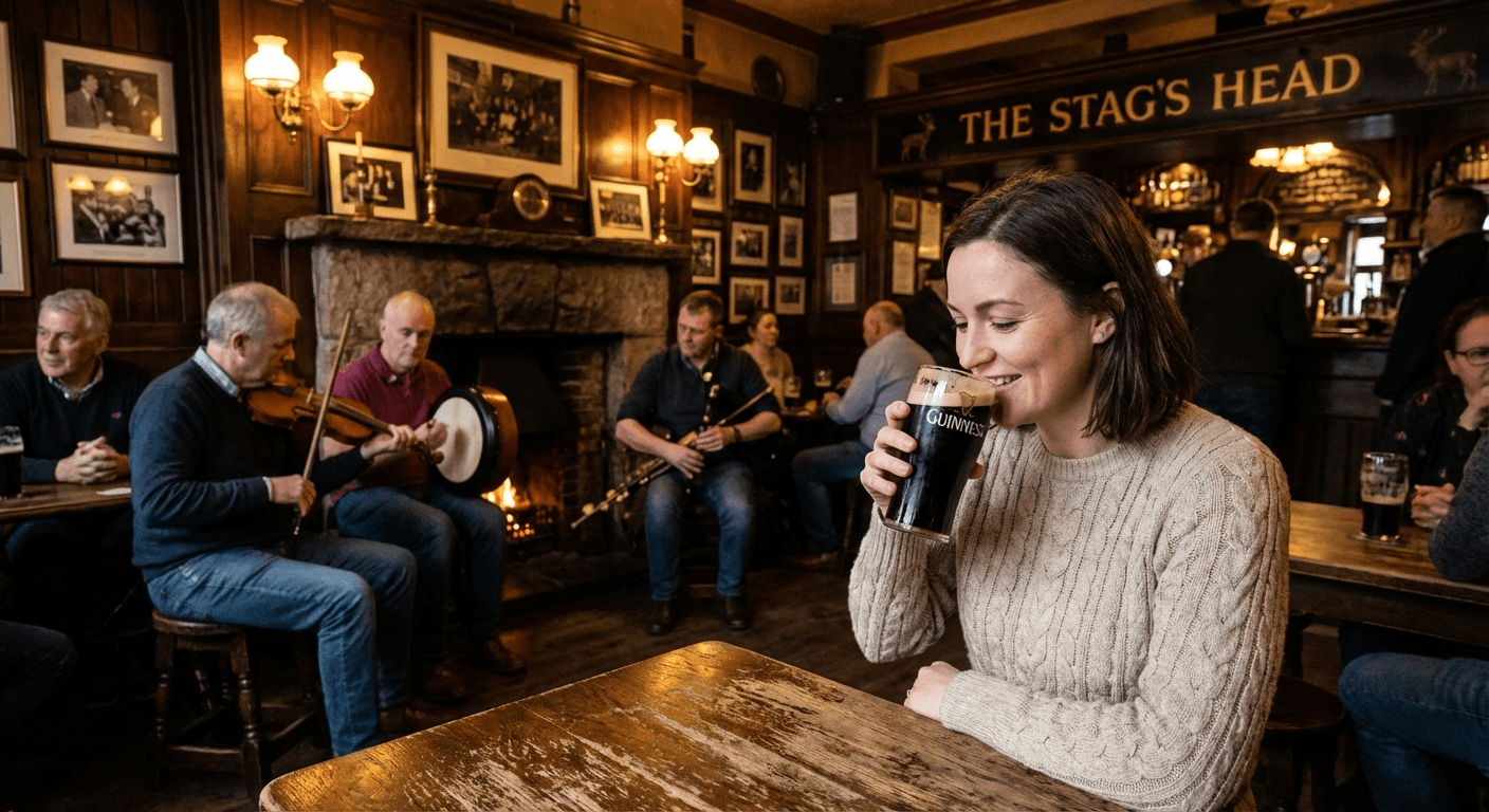 Woman enjoying traditional music session at cozy pub, musicians playing in background, warm lighting
