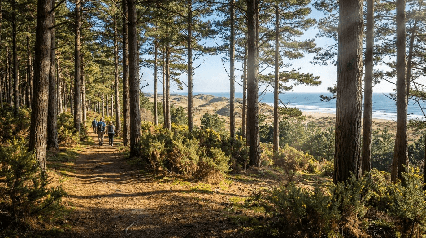 The Raven Nature Reserve walking trail through pine woodland with glimpses of sand dunes and beach