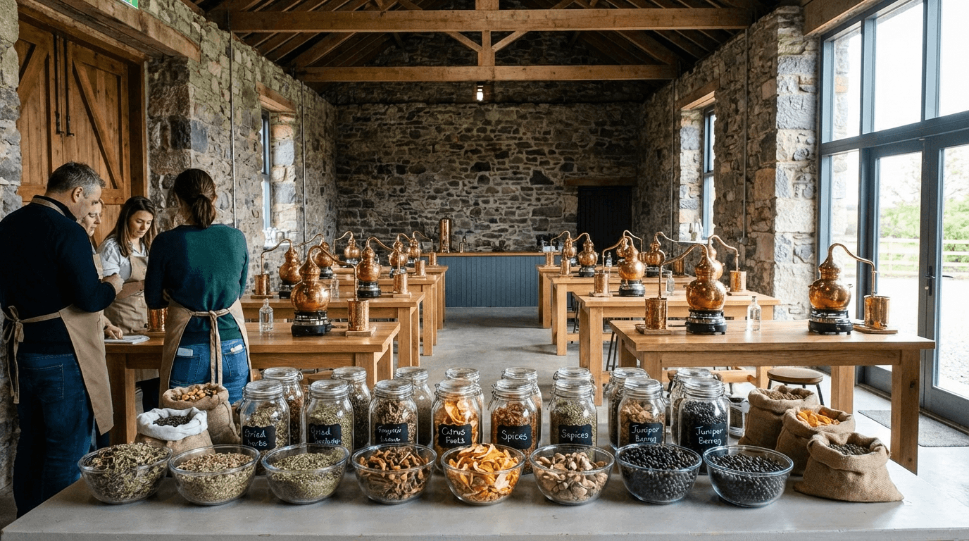 Interior of Listoke Distillery gin school showing copper stills and botanical selection area with jars of herbs and spices