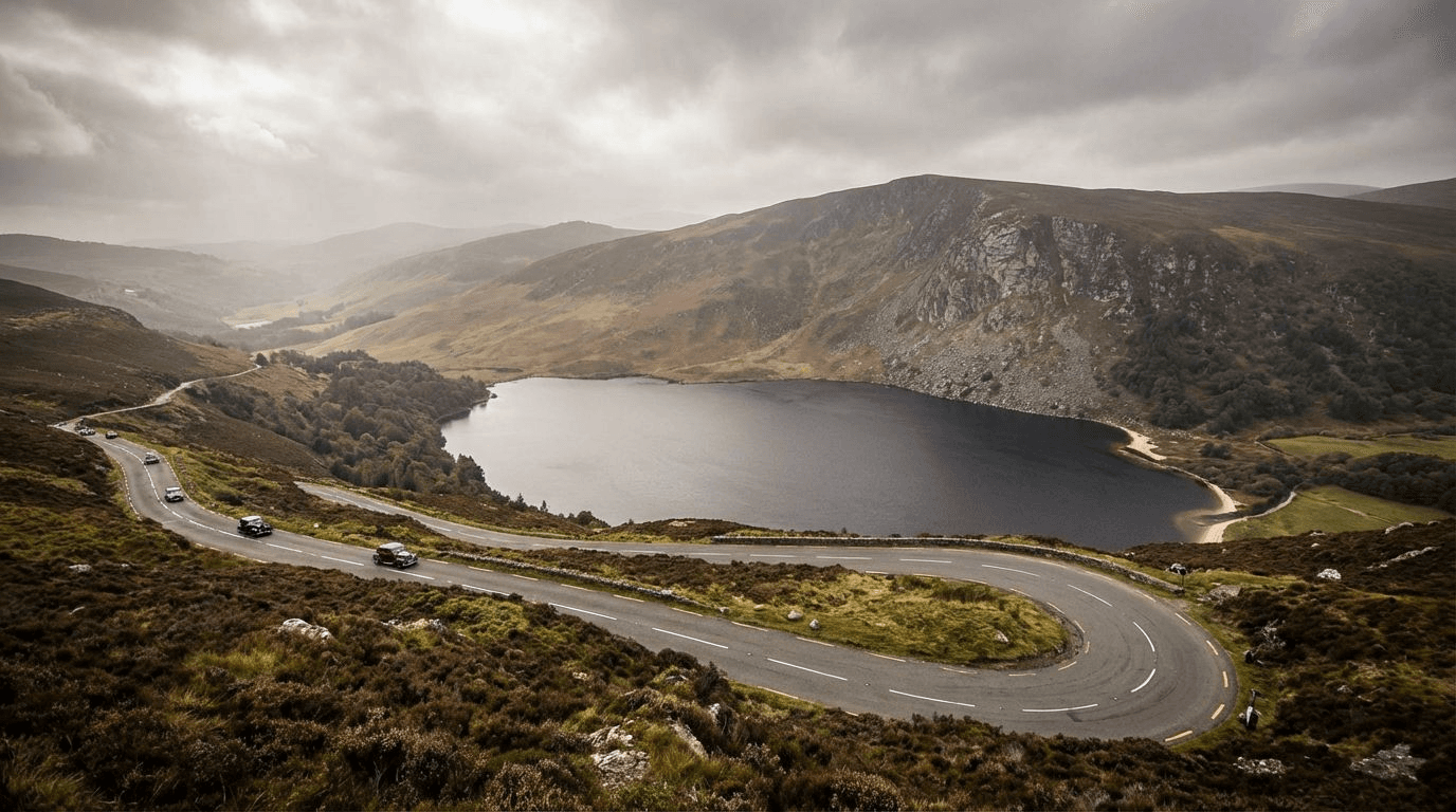 View from the Military Road overlooking Lough Tay, showing the hairpin bend viewpoint with dramatic scenery