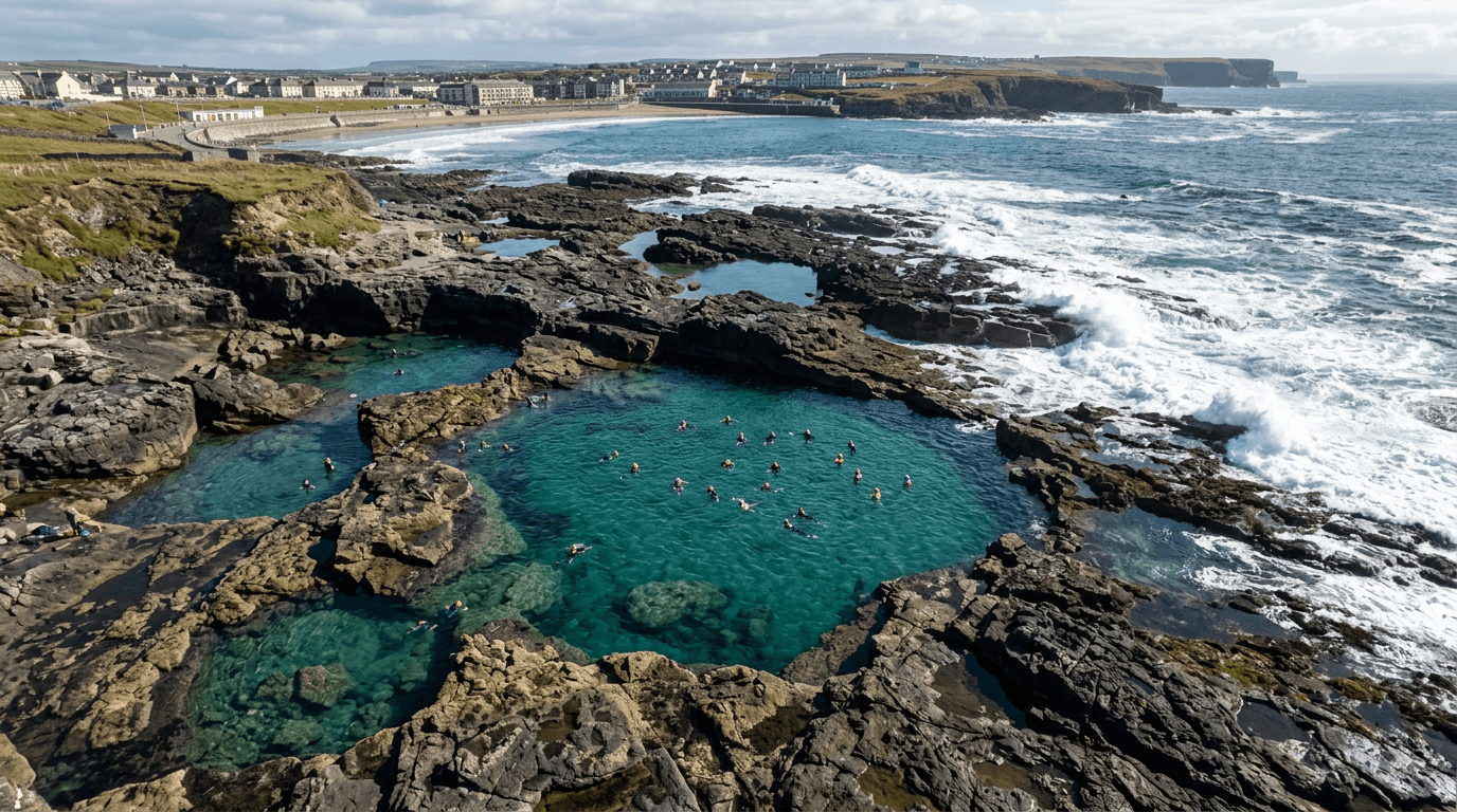The stunning, crystal-clear natural swimming pools known as the Pollock Holes in Kilkee.
