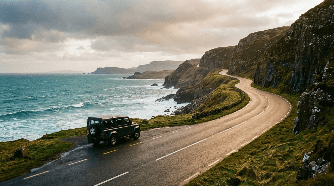 Scenic coastal road along Northern Ireland's Causeway Coast with private car parked overlooking Atlantic Ocean and cliffs