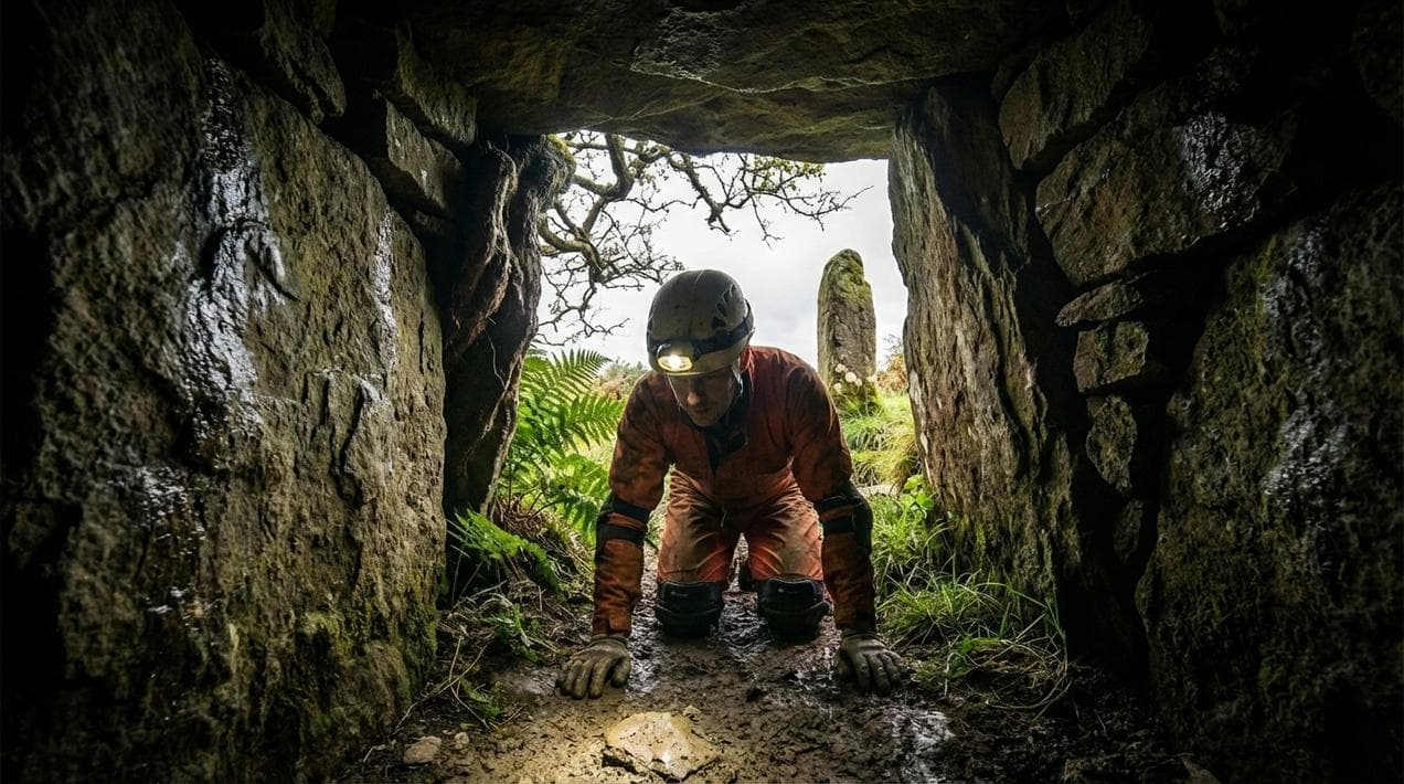 Crawling through the entrance passage of Oweynagat Cave.