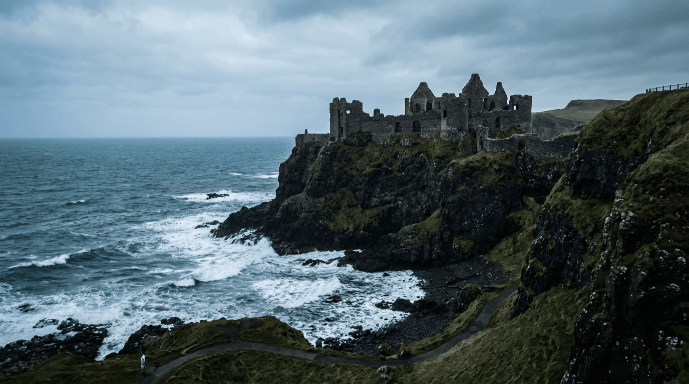 Dunluce Castle ruins perched dramatically on coastal cliffs near Bushmills, Northern Ireland's Causeway Coast