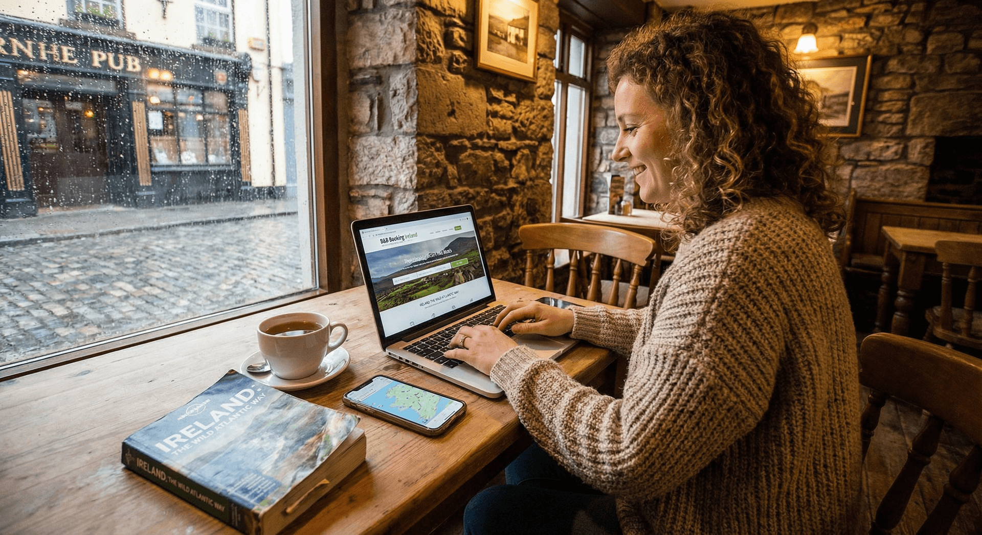 Woman using laptop in cozy café to book accommodation with travel guide