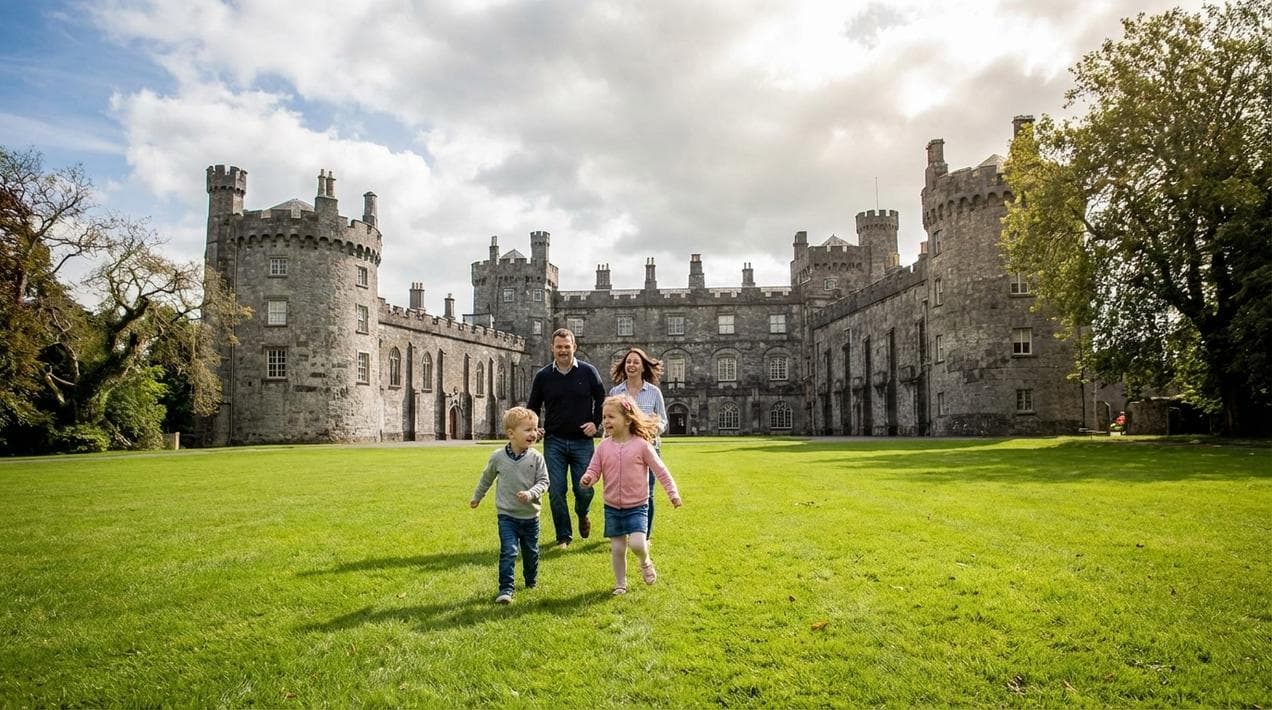 Family enjoying the open space at Kilkenny Castle, a key stop on classic itineraries.
