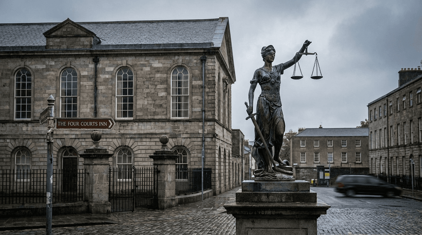 Irish courthouse exterior with scales of justice statue, representing legal consequences of drink driving convictions
