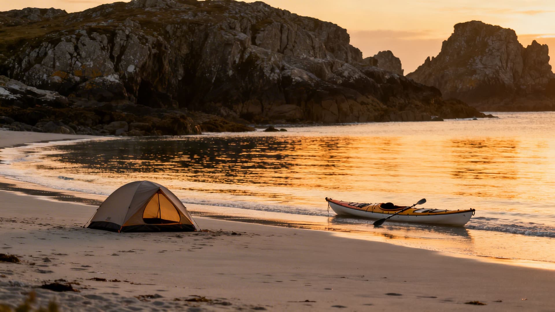 A tent pitched above the tide line on a remote uninhabited Irish island beach at dusk, a sea kayak pulled up on shore nearby, no roads or buildings visible