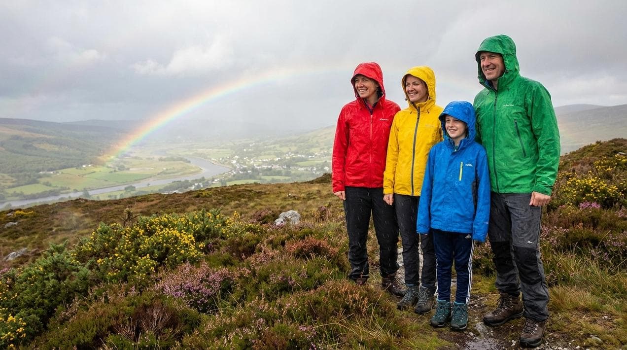 Family prepared for four seasons in one day with waterproof gear in Ireland.