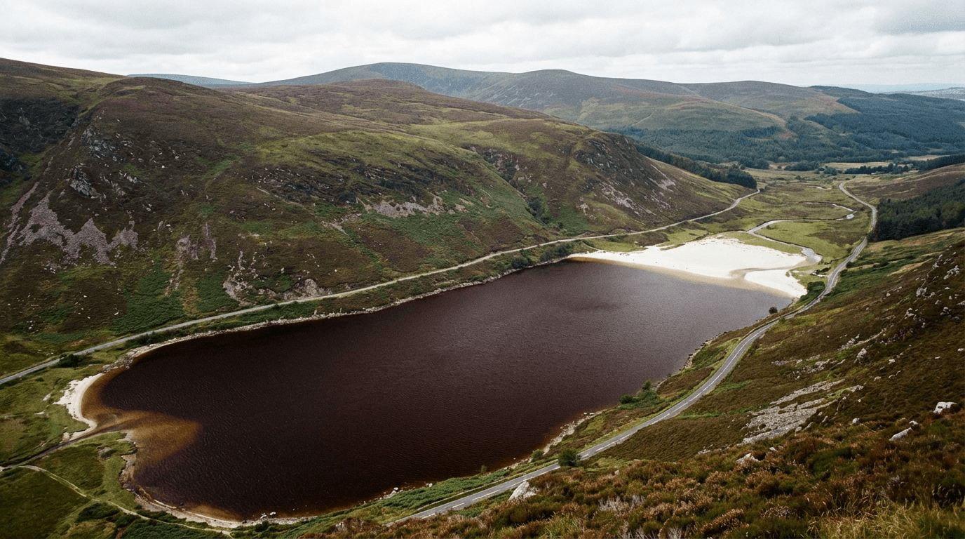 View from the Military Road overlooking Lough Tay with dark water and white sand beach
