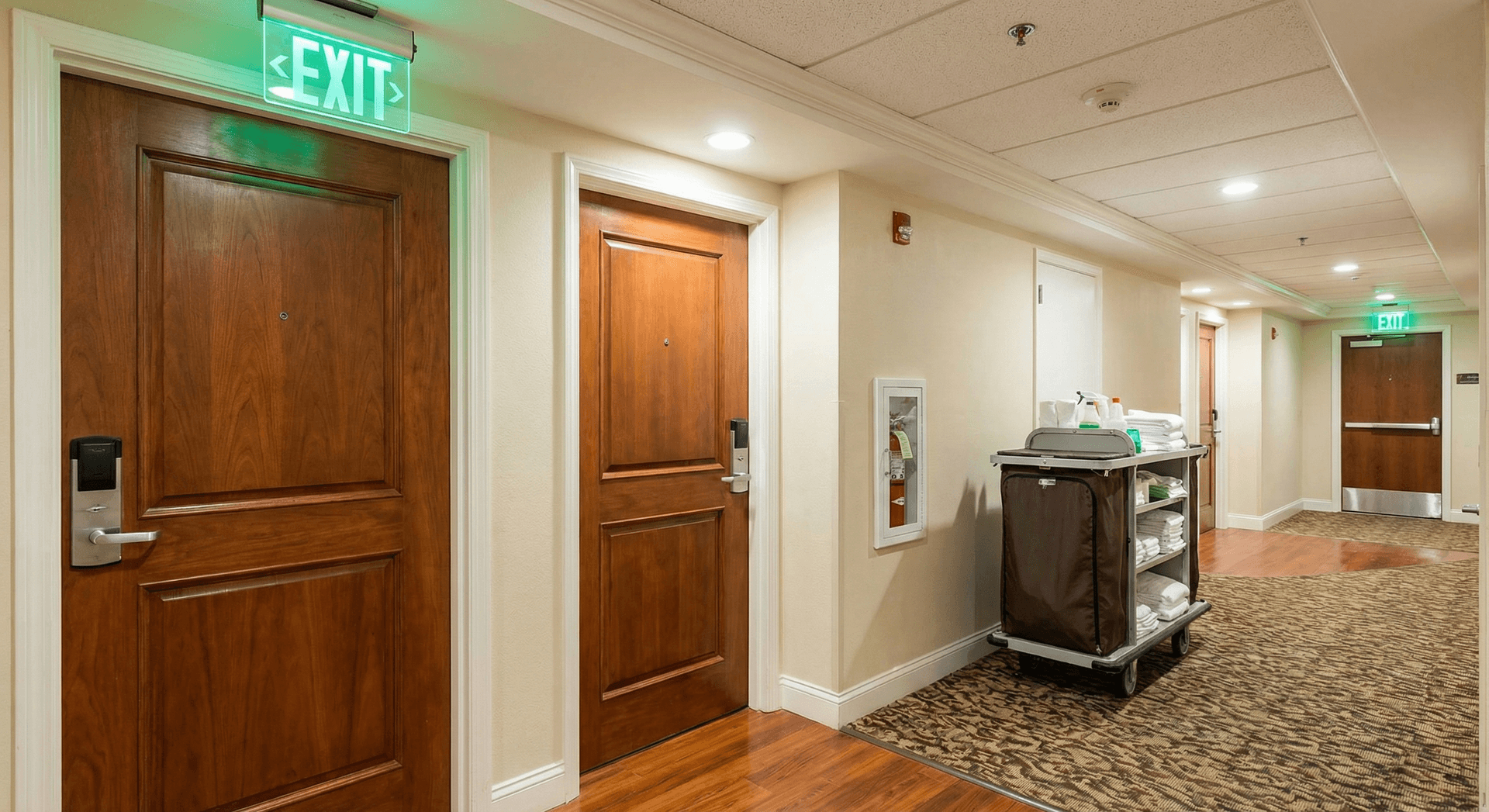 Well-lit hotel corridor with secure door locks and emergency exit signs