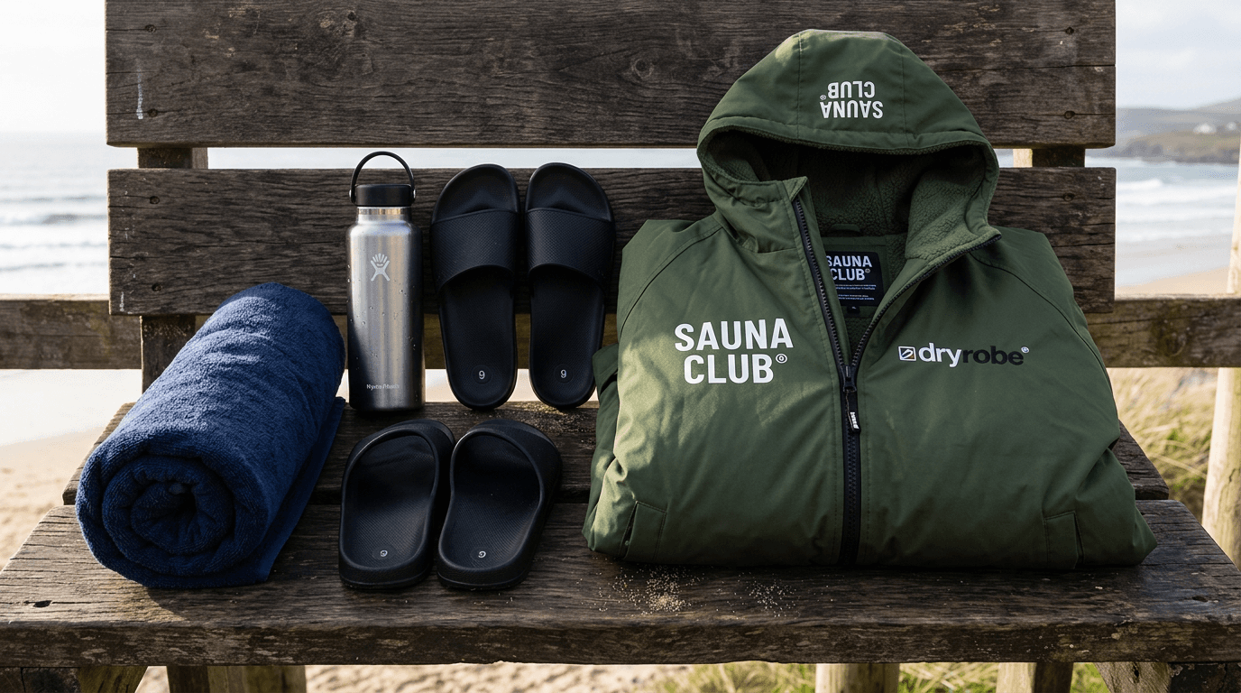 Essential items to pack for an outdoor beach sauna session in Ireland, including a towel and water.