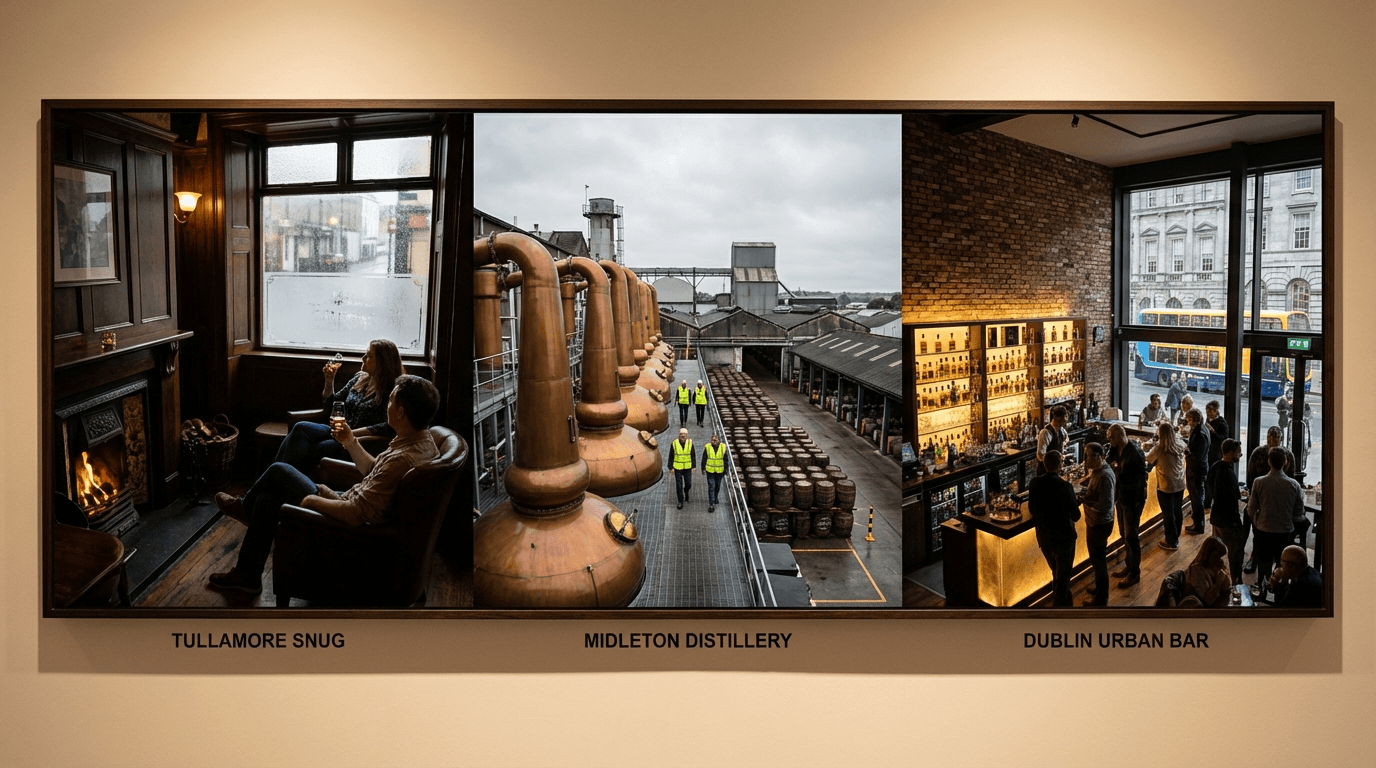 Comparison showing different Irish whiskey experiences - Tullamore snug intimacy versus Midleton production scale versus Dublin urban setting