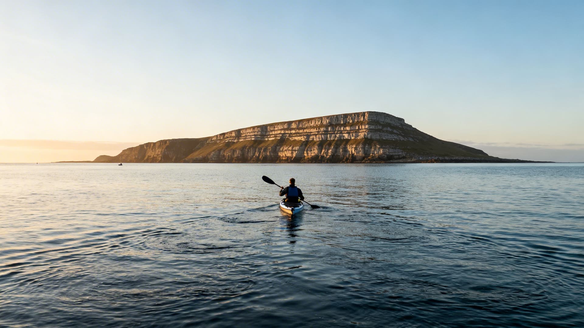 A sea kayaker approaching the limestone terracing of Inis Mór from the water, Galway Bay calm in early morning light, the island's cliffs rising steeply above the Atlantic