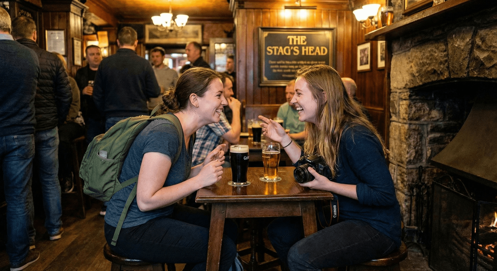 Two female travelers from tour group laughing over drinks at traditional Irish pub