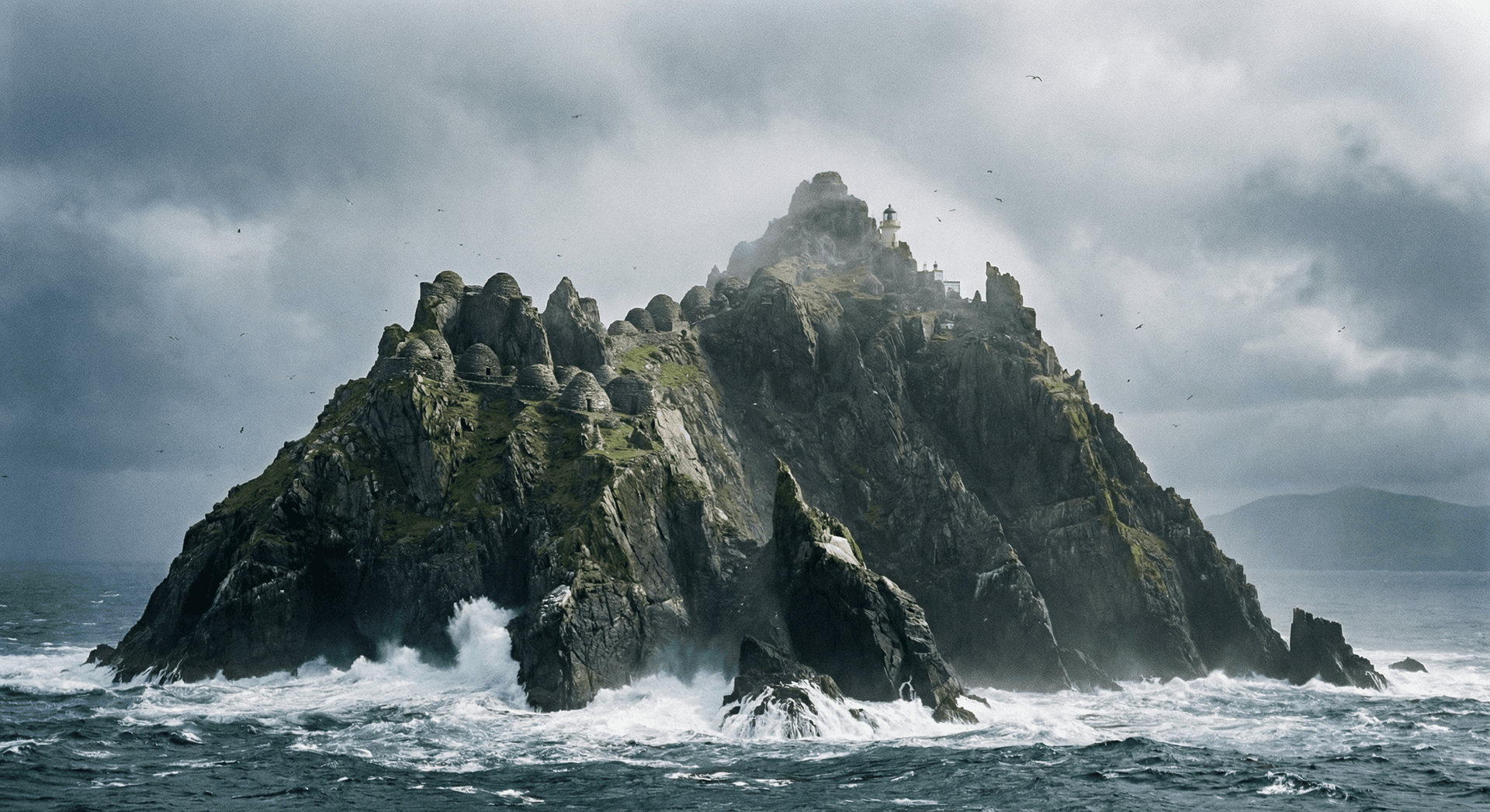 Skellig Michael island rising dramatically from Atlantic Ocean