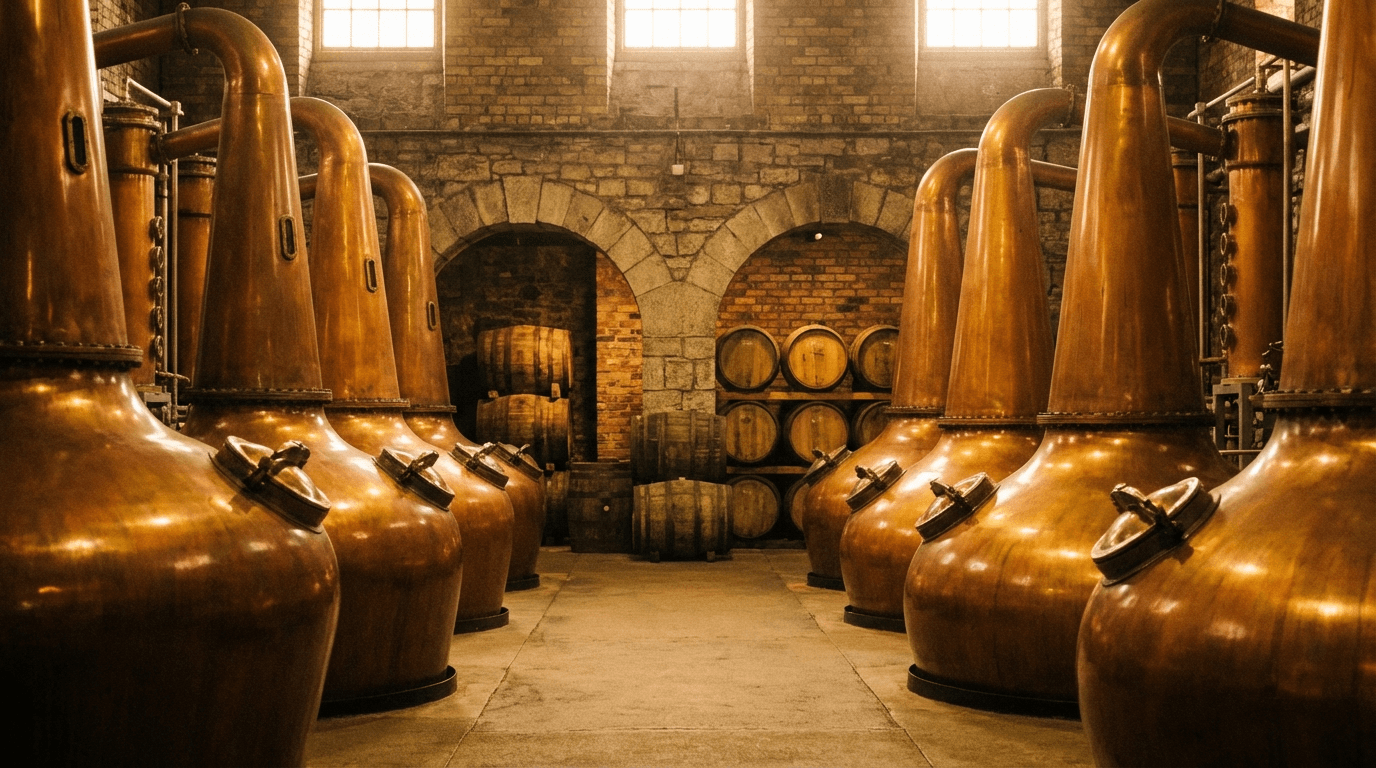 Copper whiskey stills on display at Jameson Bow Street with warm lighting, wooden barrels stacked in background, traditional Irish distillery atmosphere
