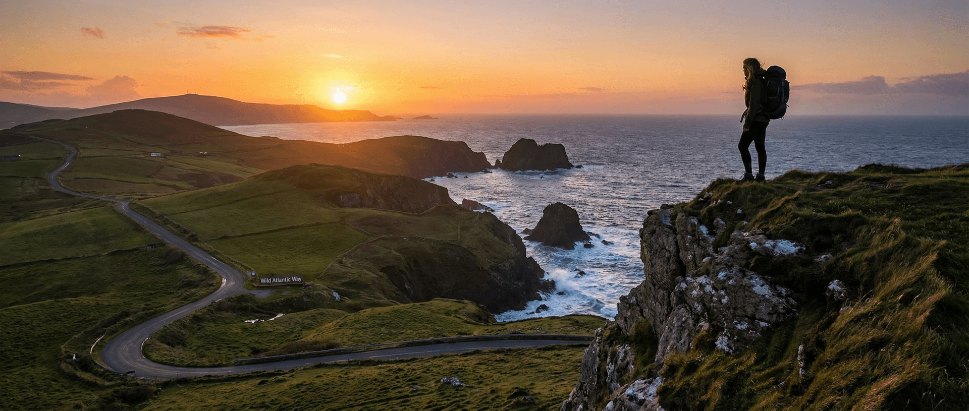 Solo female traveler on cliff overlooking Atlantic at sunset